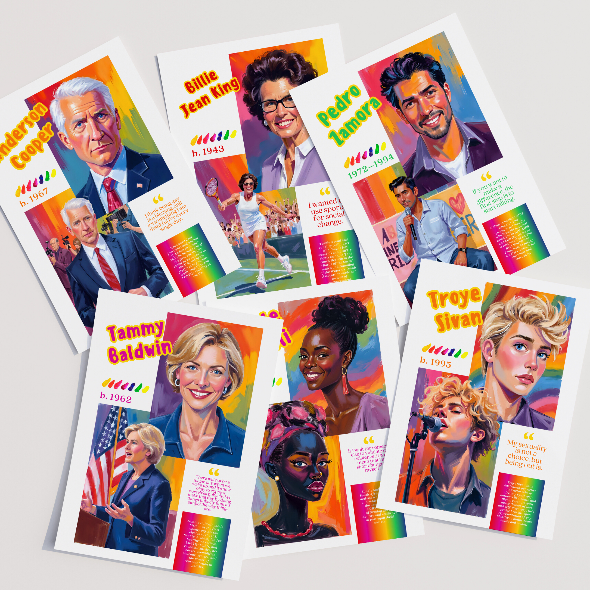 Printable Pride Month poster set of 70 featuring LGBT icons, LGBTQIA+ history, queer quotes, SOGIE displays, and inclusive classroom decor.