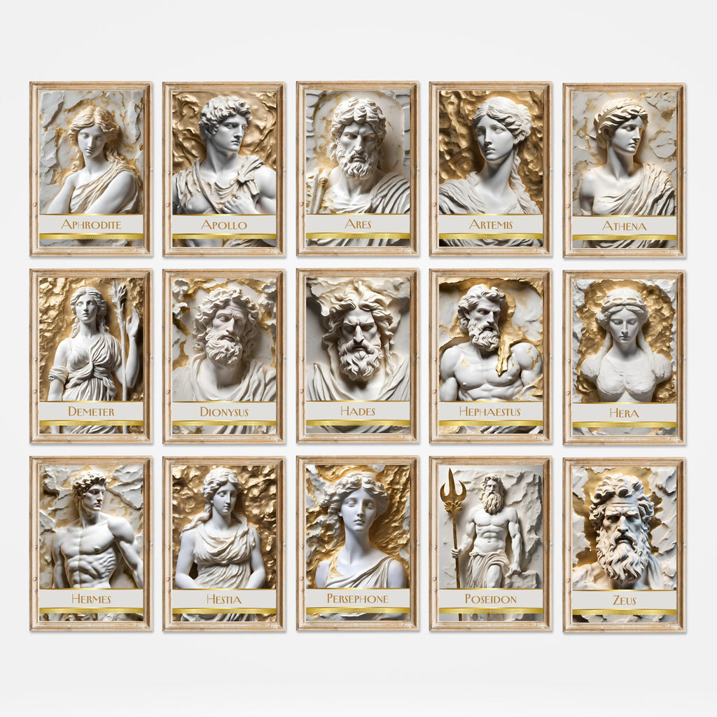 Printable Greek gods and goddesses poster set of 15 for mythology wall art, classroom decor, bulletin boards, homeschool spaces, and educational displays.