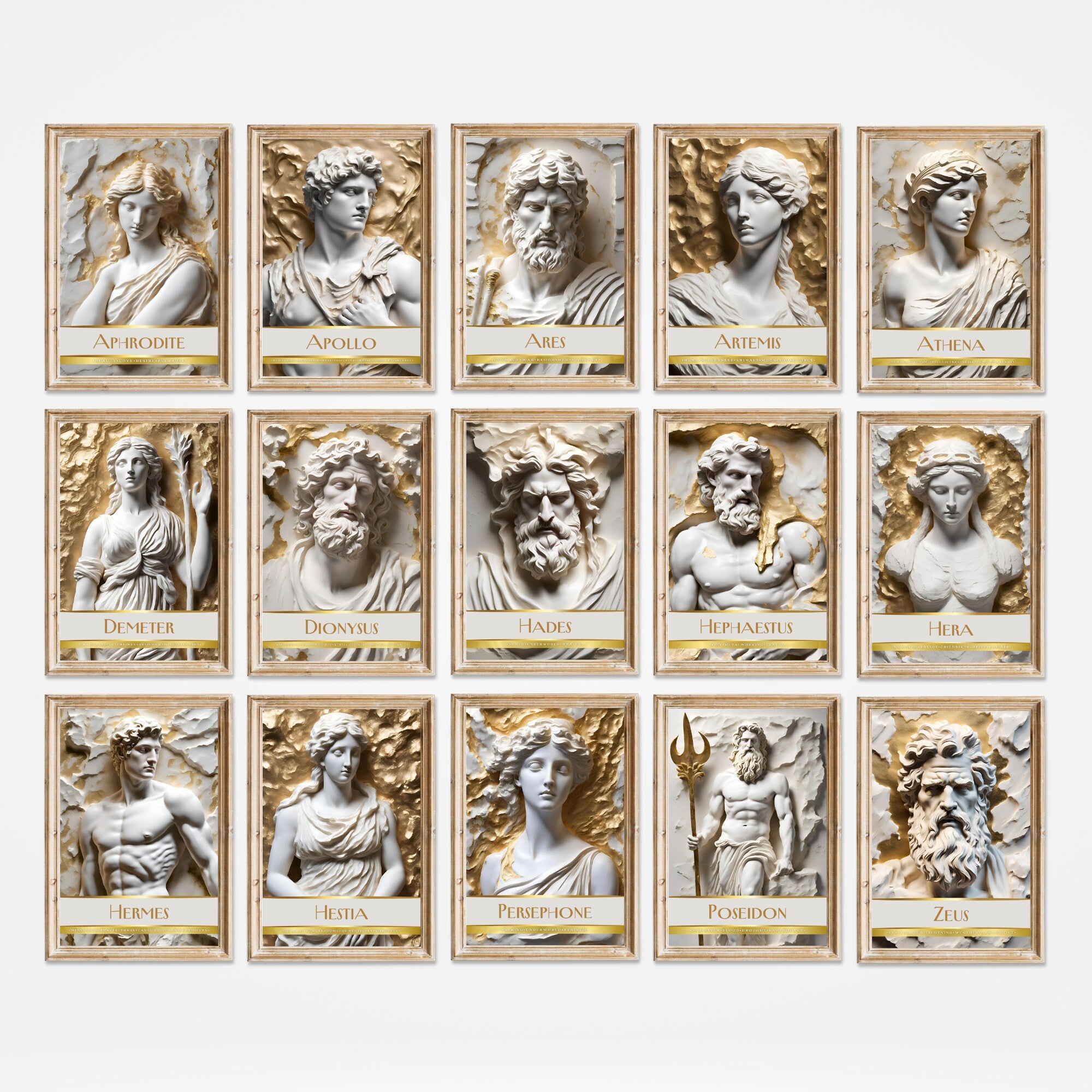 Printable Greek gods and goddesses poster set of 15 for mythology wall art, classroom decor, bulletin boards, homeschool spaces, and educational displays.