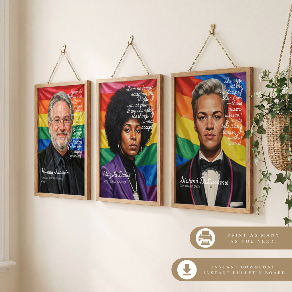 Printable Pride Month quotes poster set of 100 for LGBTQIA+ history, rainbow classroom decor, June bulletin boards, and inclusive displays.
