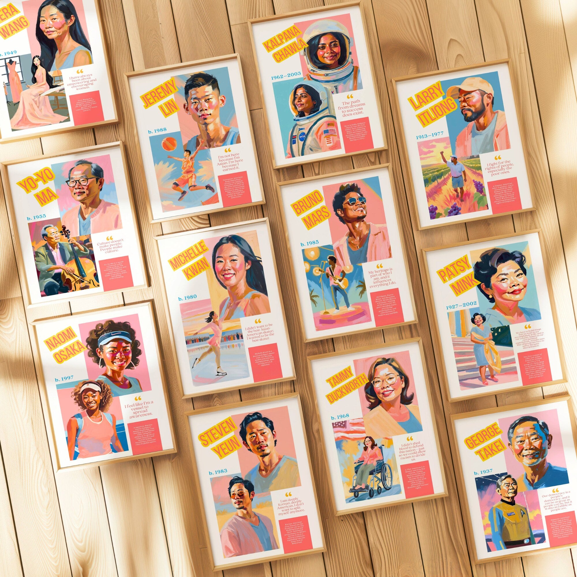 Printable AAPI Heritage Month poster set of 50 featuring Asian American and Pacific Islander icons for classroom decor and bulletin boards.