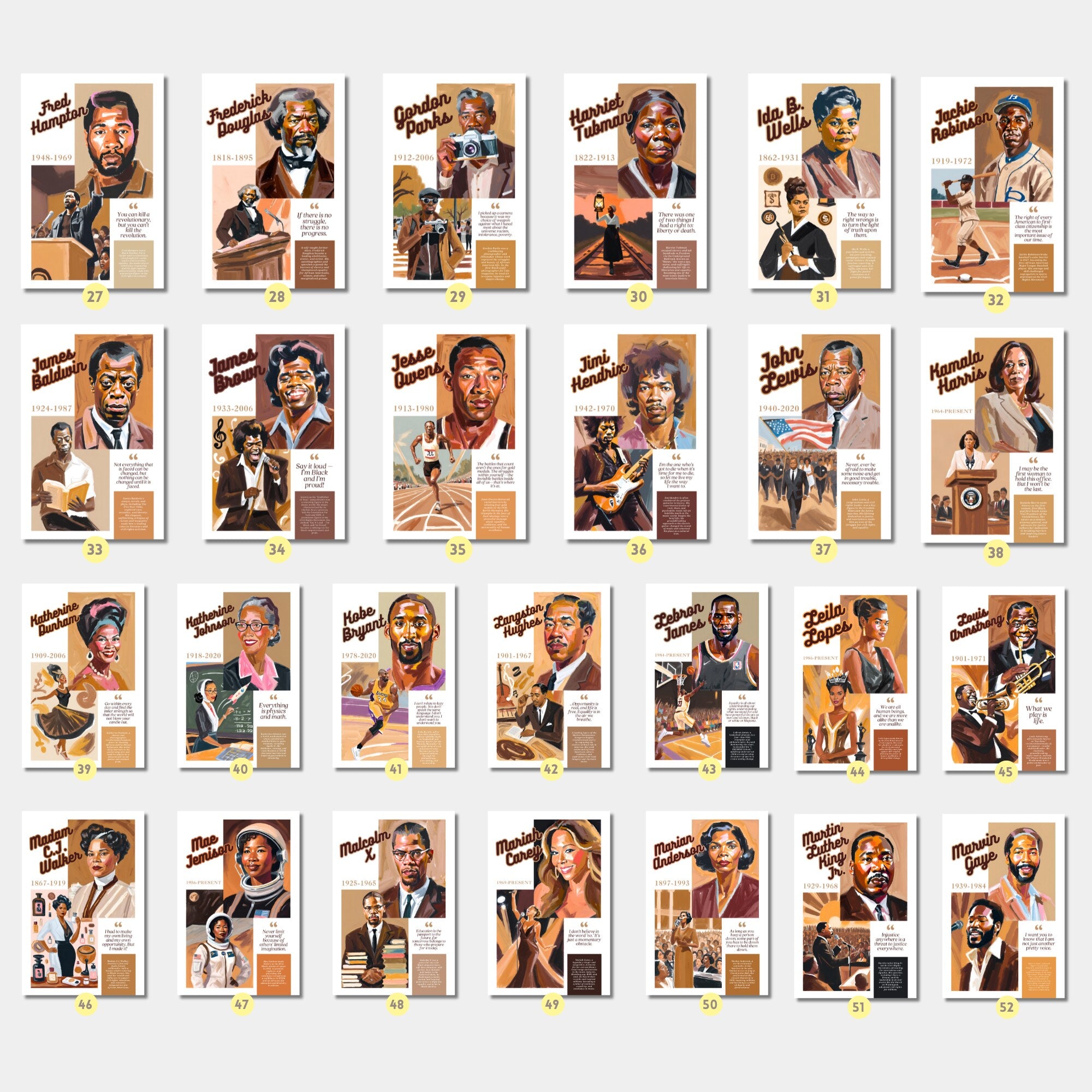 Printable Black History Month poster set of 85 featuring African American and African heritage icons, famous quotes, classroom decor, and bulletin boards.