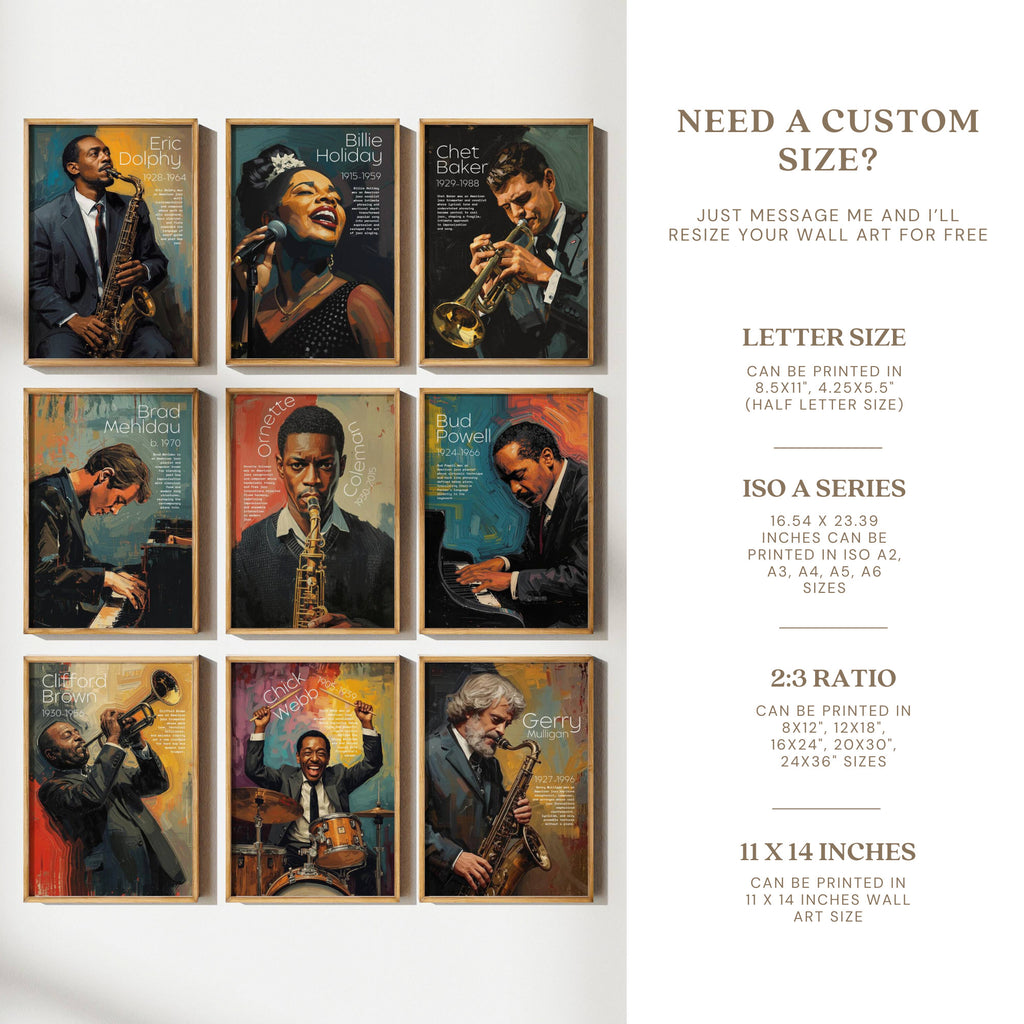 Printable jazz artists poster set of 50 for music classroom decor, music rooms, studio displays, gallery walls, and educational bulletin boards.