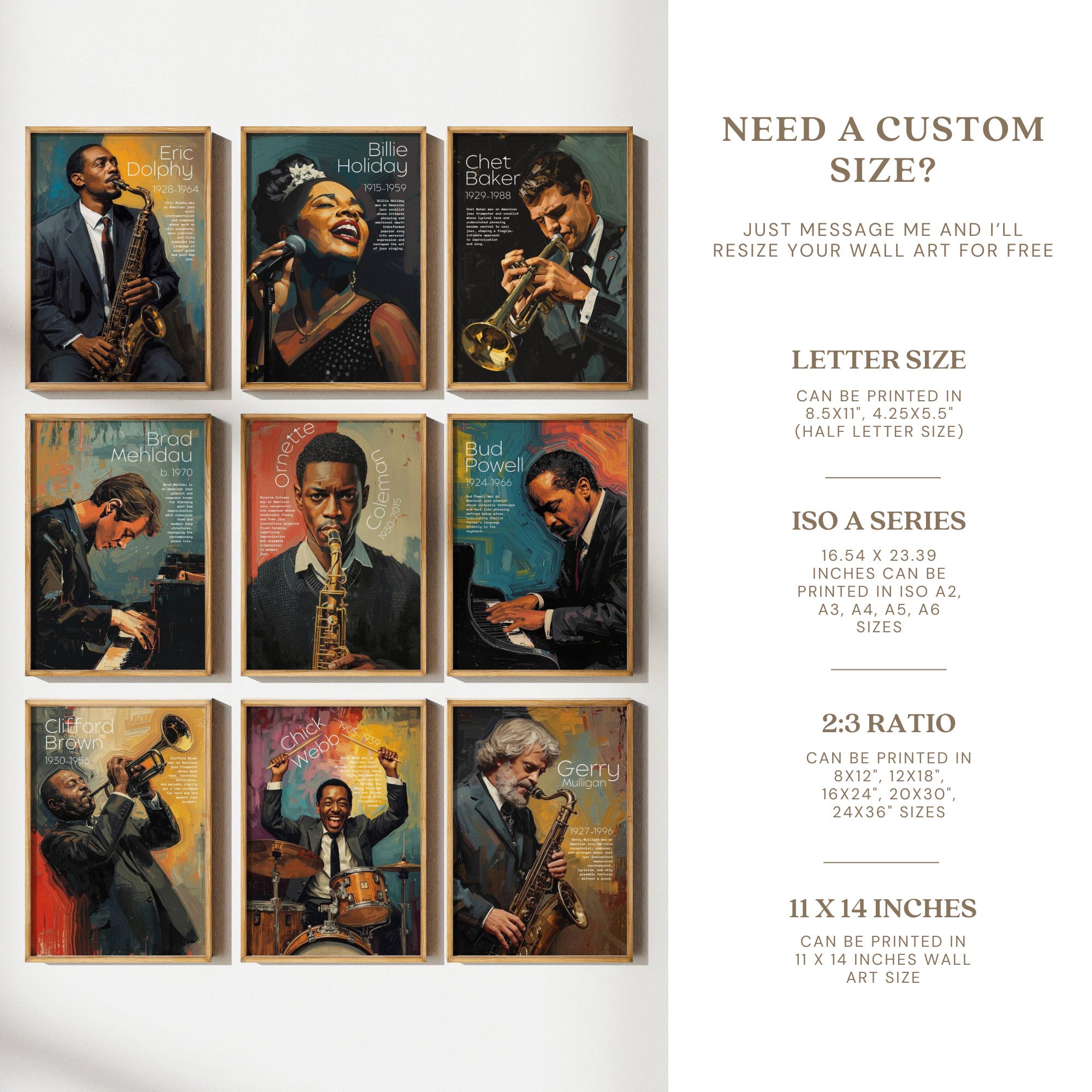 Printable jazz artists poster set of 50 for music classroom decor, music rooms, studio displays, gallery walls, and educational bulletin boards.
