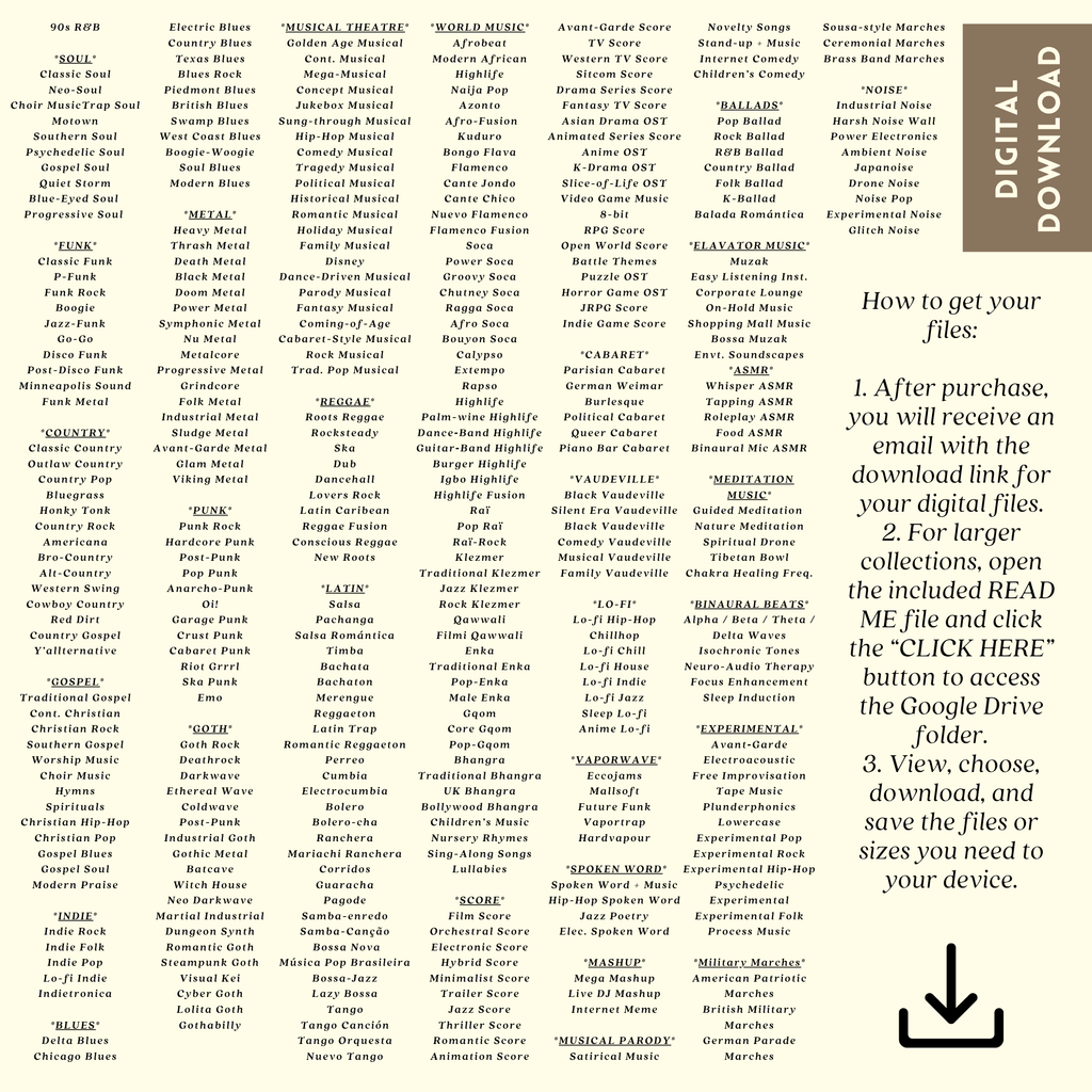 Printable music genres mega bundle with 600 posters for music classroom decor, studio displays, gallery walls, and educational bulletin boards.
