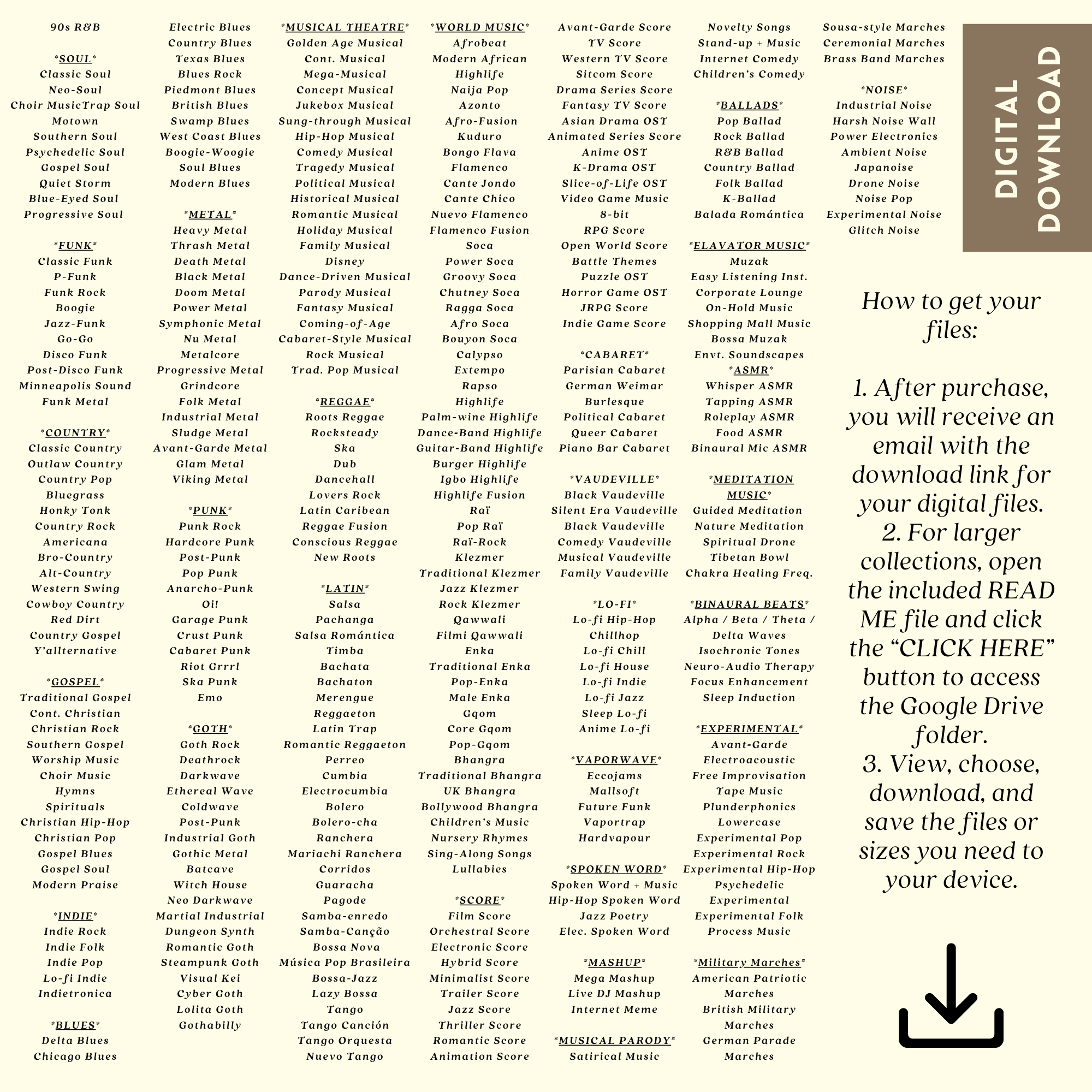 Printable music genres mega bundle with 600 posters for music classroom decor, studio displays, gallery walls, and educational bulletin boards.