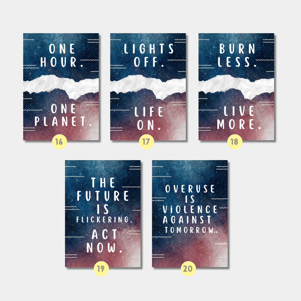 Printable Earth Hour poster set of 30 for climate change awareness, March bulletin boards, classroom decor, sustainability lessons, and displays.