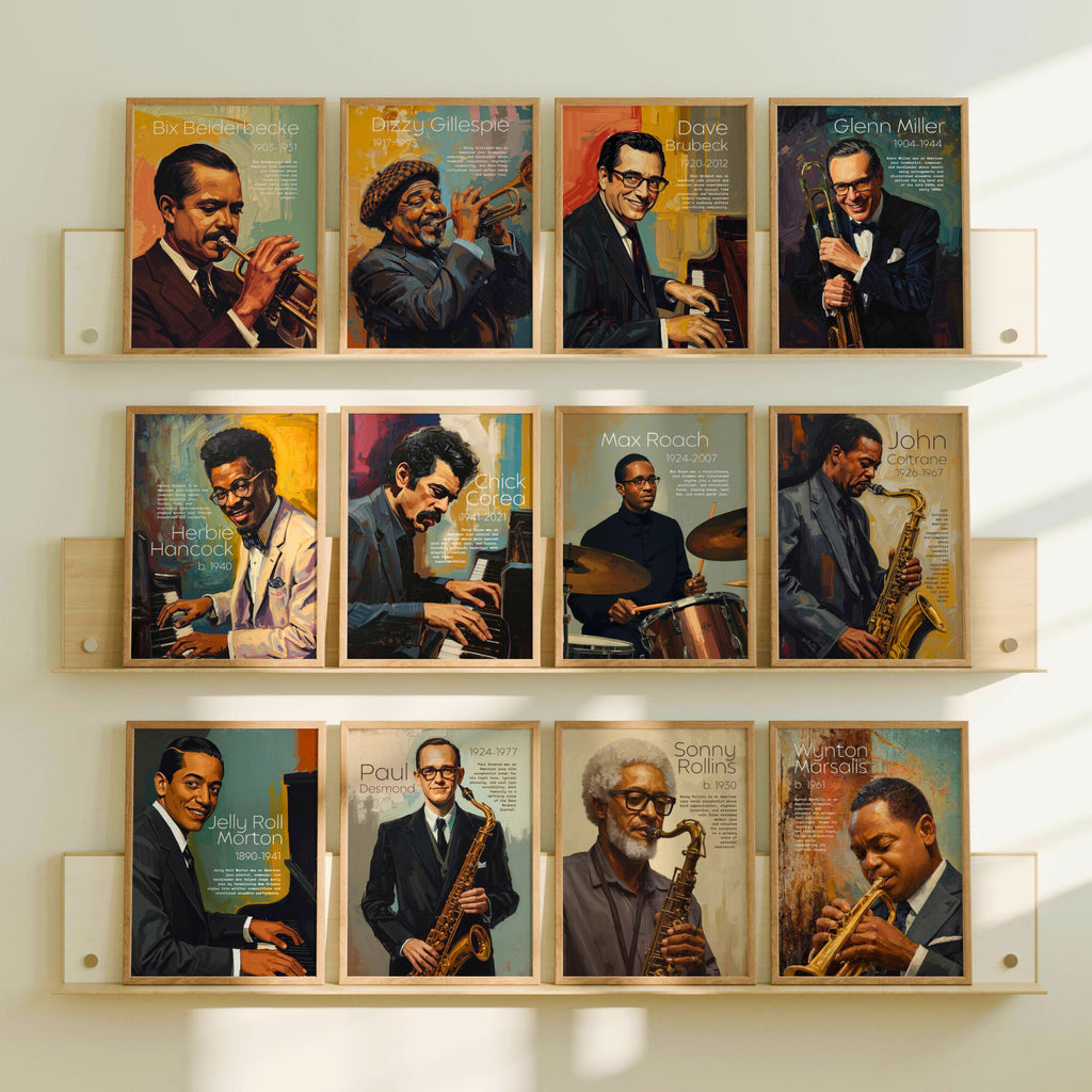 Printable jazz artists poster set of 50 for music classroom decor, music rooms, studio displays, gallery walls, and educational bulletin boards.