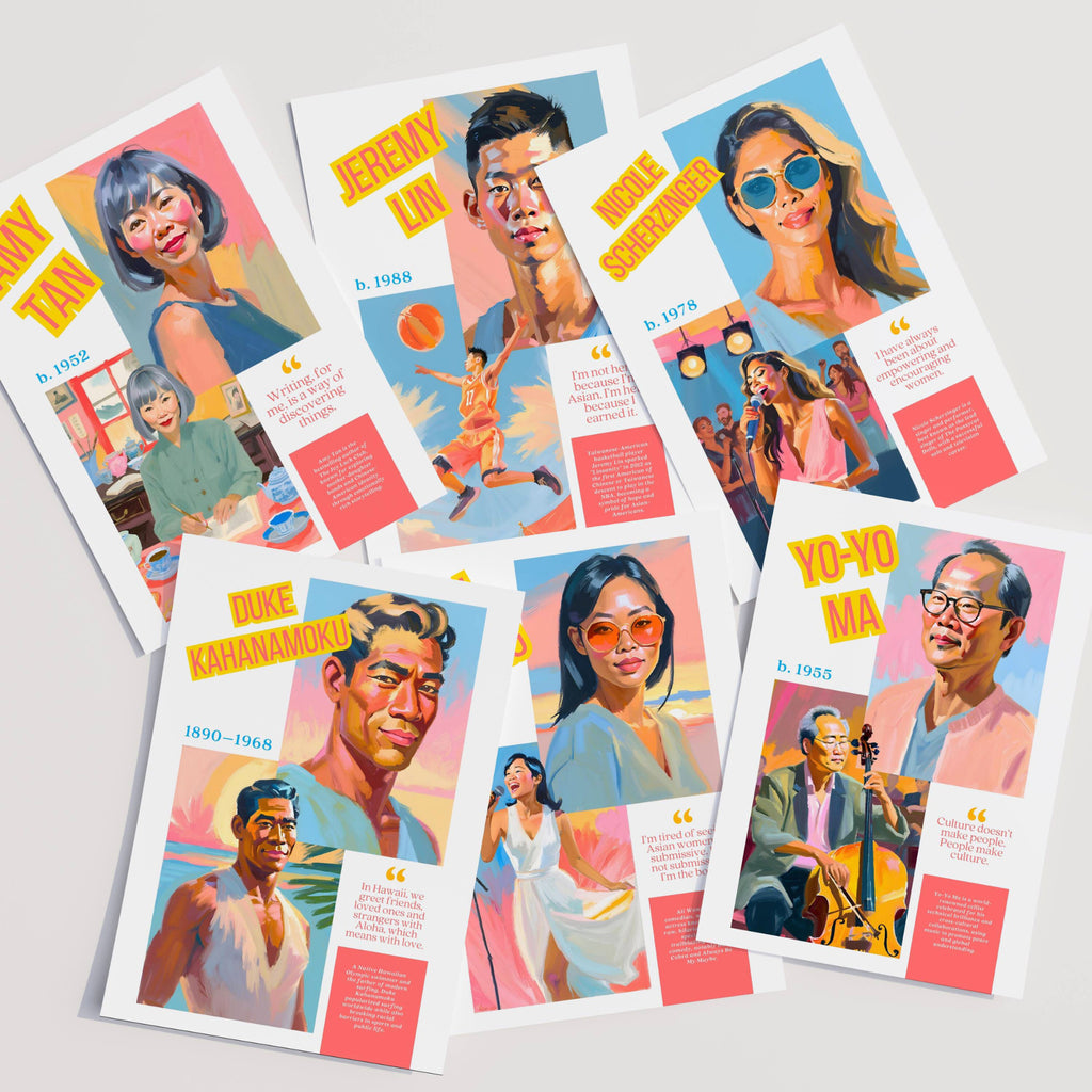 Printable AAPI Heritage Month poster set of 50 featuring Asian American and Pacific Islander icons for classroom decor and bulletin boards.