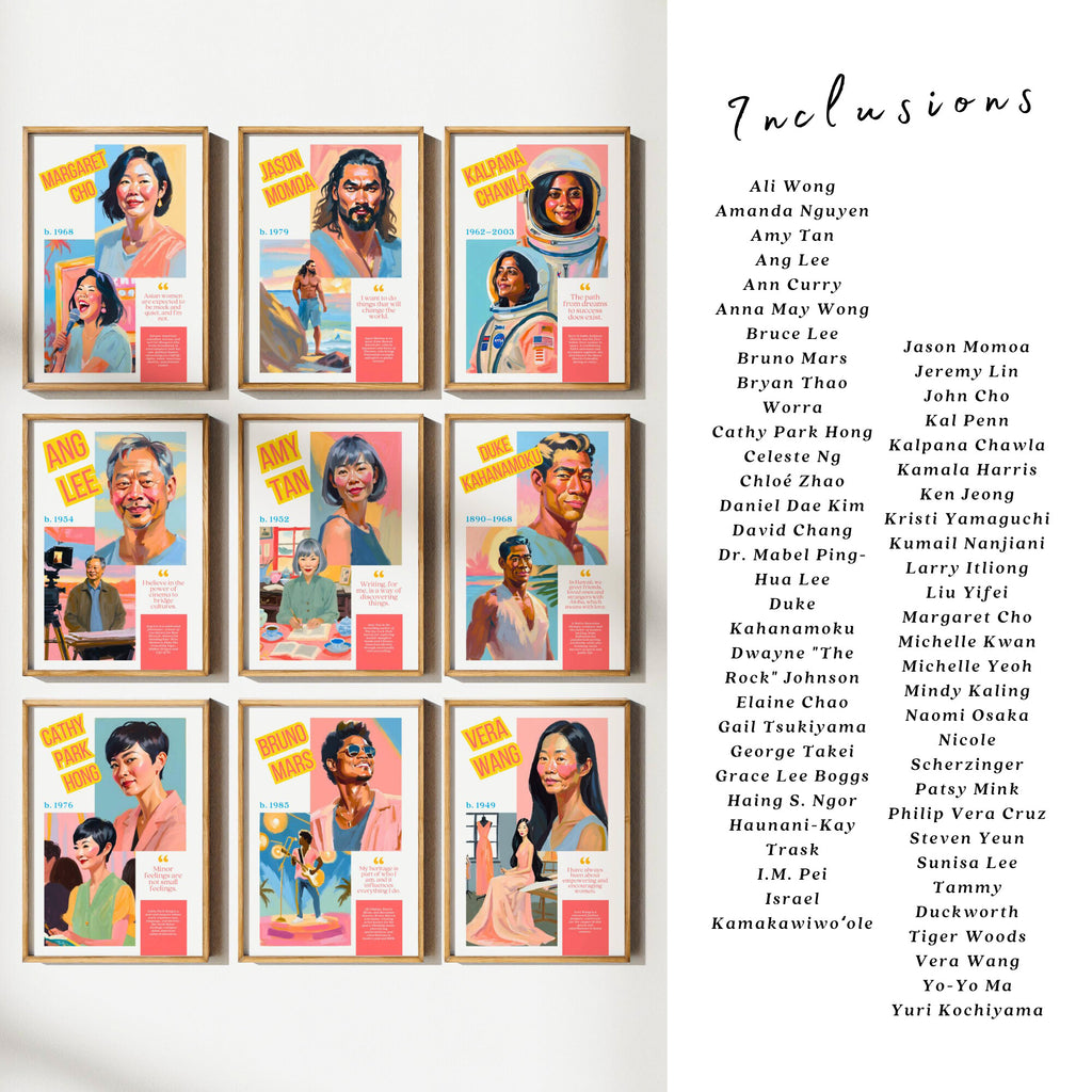 Printable AAPI Heritage Month poster set of 50 featuring Asian American and Pacific Islander icons for classroom decor and bulletin boards.