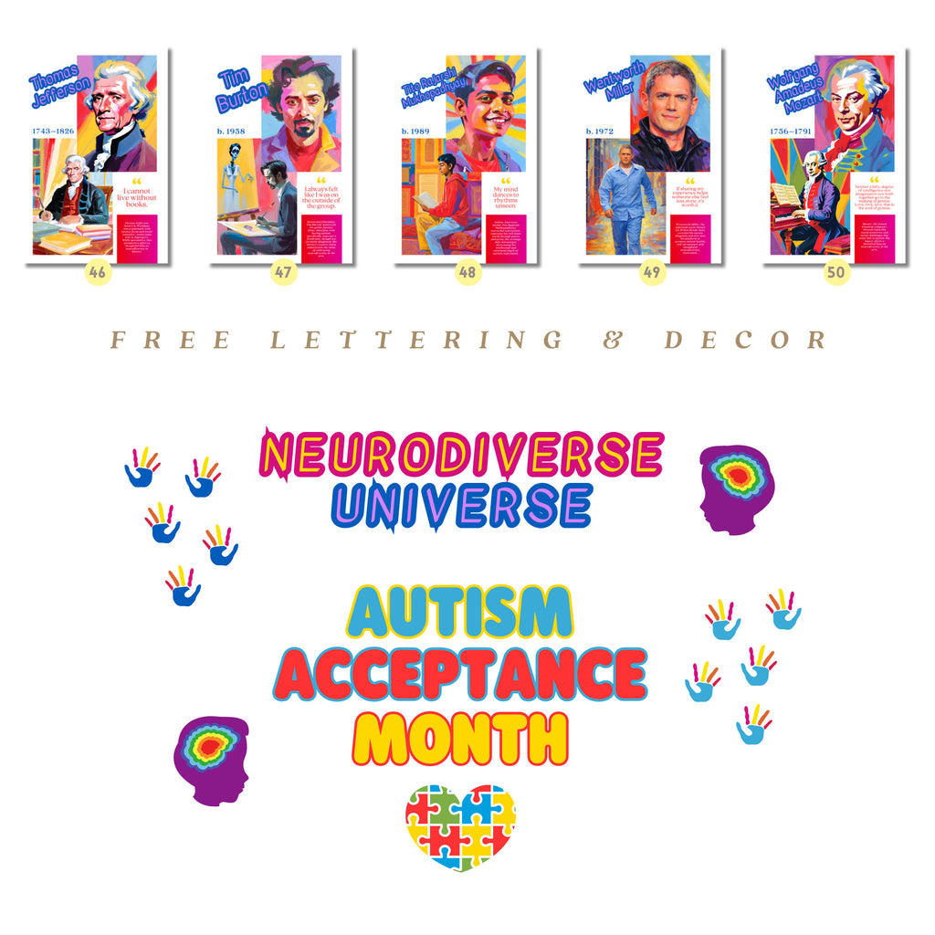 Printable neurodiverse icons poster set of 50 for Autism Acceptance Month, neurodiversity classroom decor, bulletin boards, and inclusive educational displays.