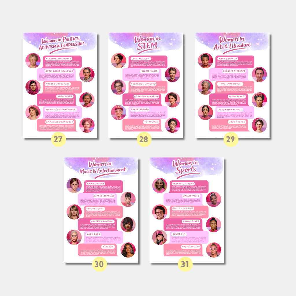 Printable Women’s History Month infographics and educational posters set of 100 for International Women’s Day, March bulletin boards, classroom decor, and displays.