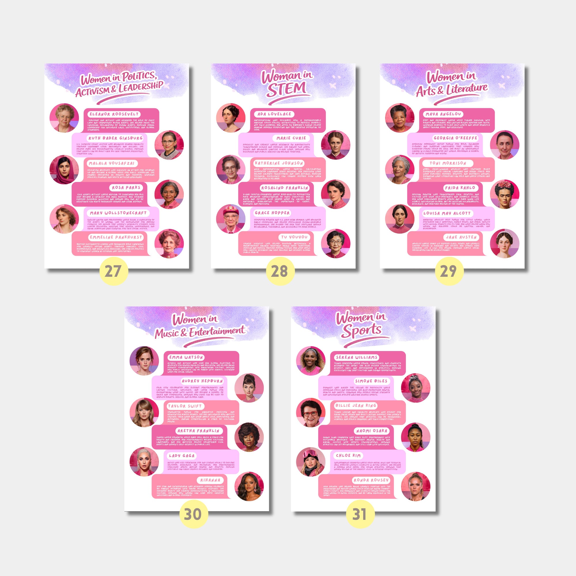 Printable Women’s History Month infographics and educational posters set of 100 for International Women’s Day, March bulletin boards, classroom decor, and displays.