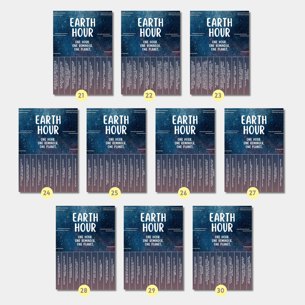 Printable Earth Hour poster set of 30 for climate change awareness, March bulletin boards, classroom decor, sustainability lessons, and displays.