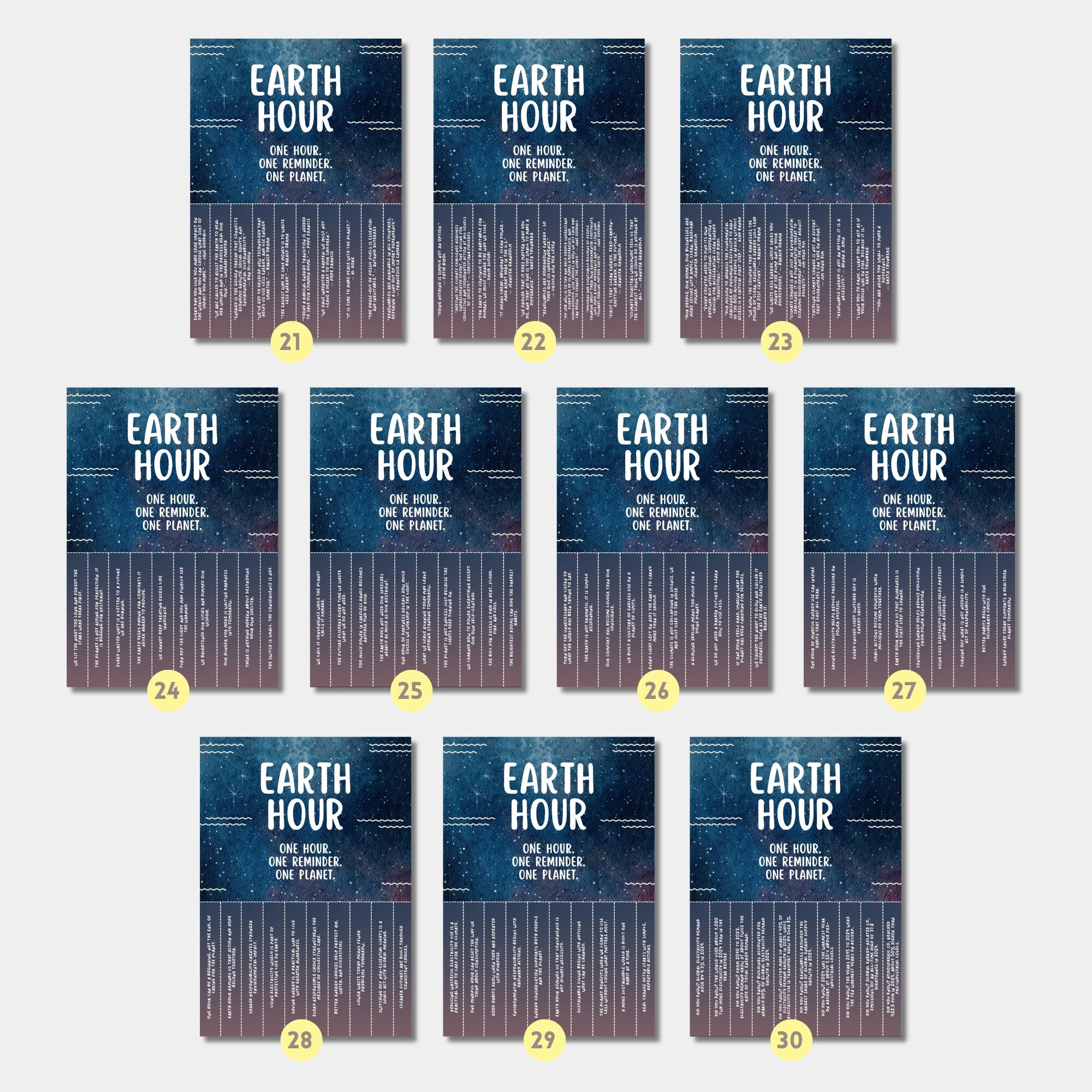 Printable Earth Hour poster set of 30 for climate change awareness, March bulletin boards, classroom decor, sustainability lessons, and displays.