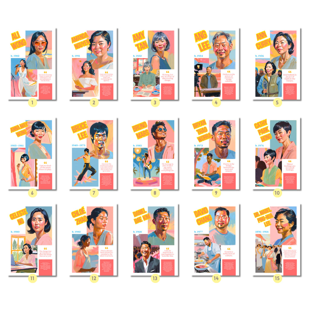 Printable AAPI Heritage Month poster set of 50 featuring Asian American and Pacific Islander icons for classroom decor and bulletin boards.