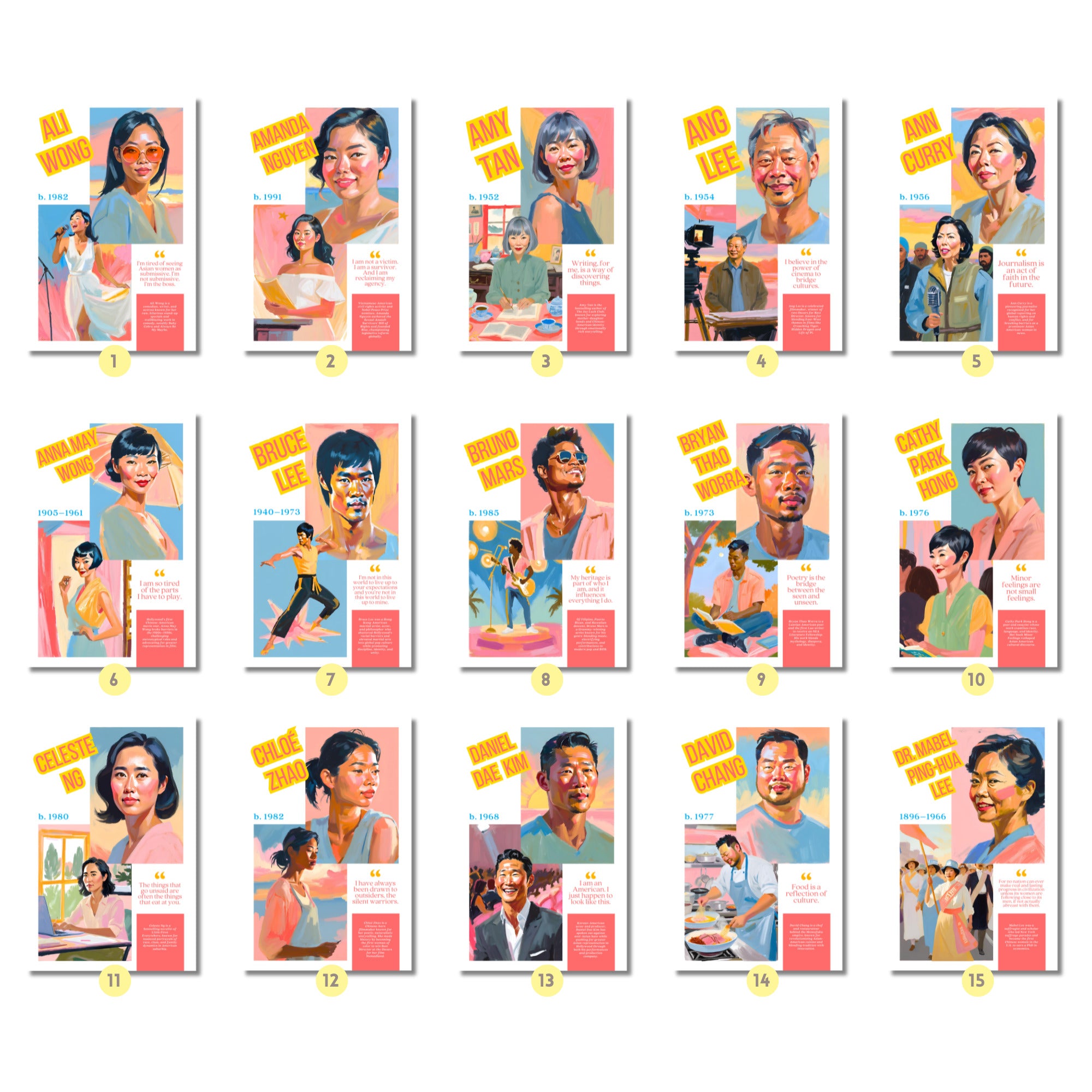 Printable AAPI Heritage Month poster set of 50 featuring Asian American and Pacific Islander icons for classroom decor and bulletin boards.