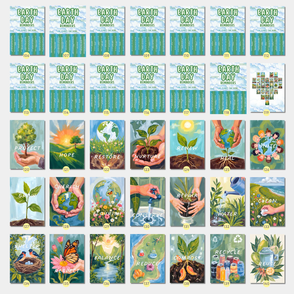 Printable Earth Day poster set of 140 for climate change awareness, world environment lessons, classroom decor, bulletin boards, and displays.