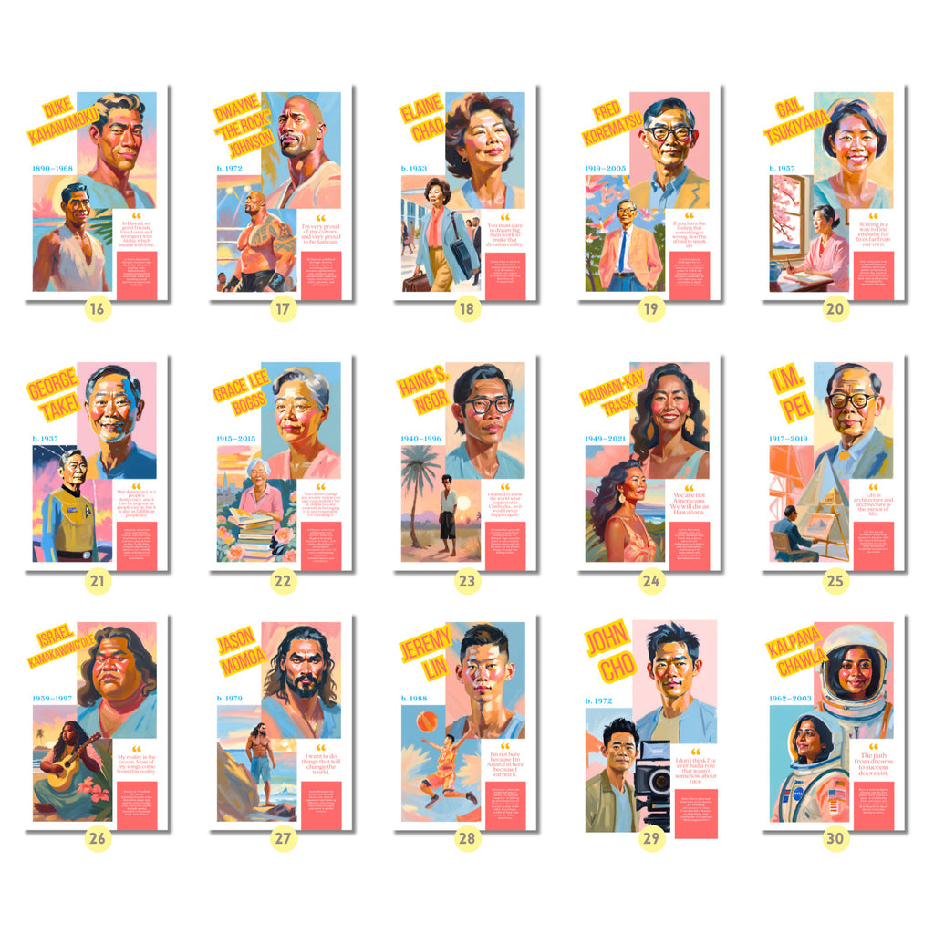 Printable AAPI Heritage Month poster set of 50 featuring Asian American and Pacific Islander icons for classroom decor and bulletin boards.