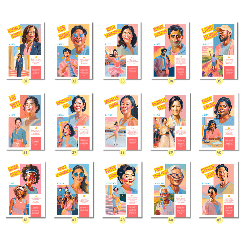 Printable AAPI Heritage Month poster set of 50 featuring Asian American and Pacific Islander icons for classroom decor and bulletin boards.