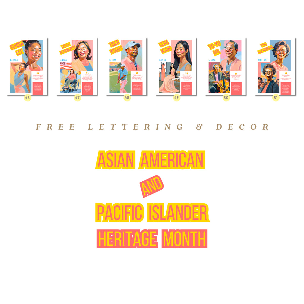 Printable AAPI Heritage Month poster set of 50 featuring Asian American and Pacific Islander icons for classroom decor and bulletin boards.