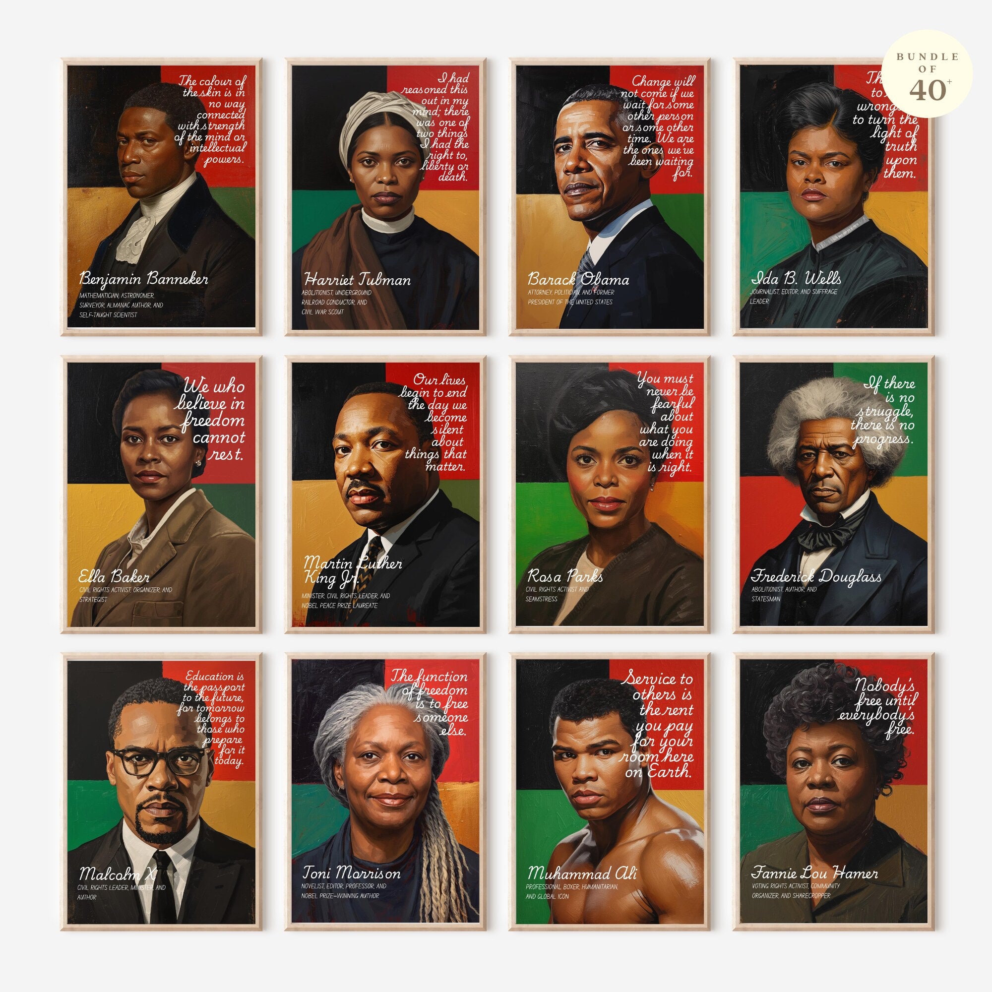 Printable Black History Month quotes poster set of 40+ featuring African American and African heritage icons for classroom decor and bulletin boards.