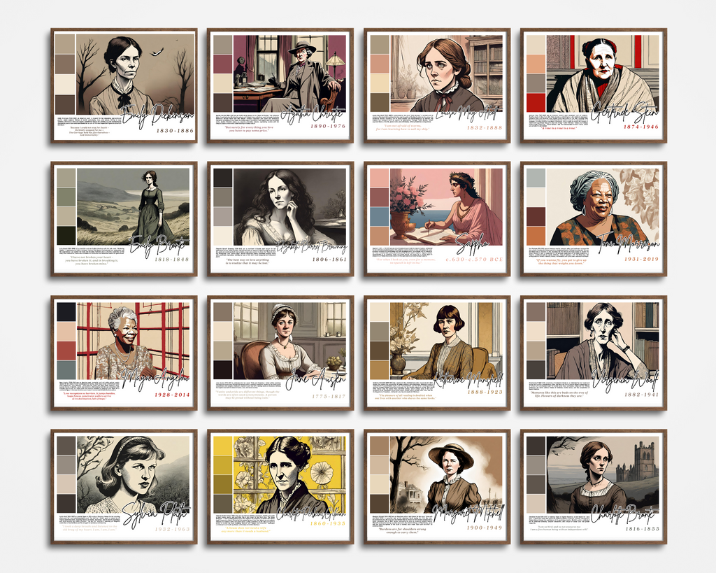 Printable Women in Literature poster set of 30 featuring famous writers, quotes, and achievements. Perfect for Women’s History Month classroom decor.