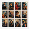 Printable jazz artists poster set of 50 for music classroom decor, music rooms, studio displays, gallery walls, and educational bulletin boards.