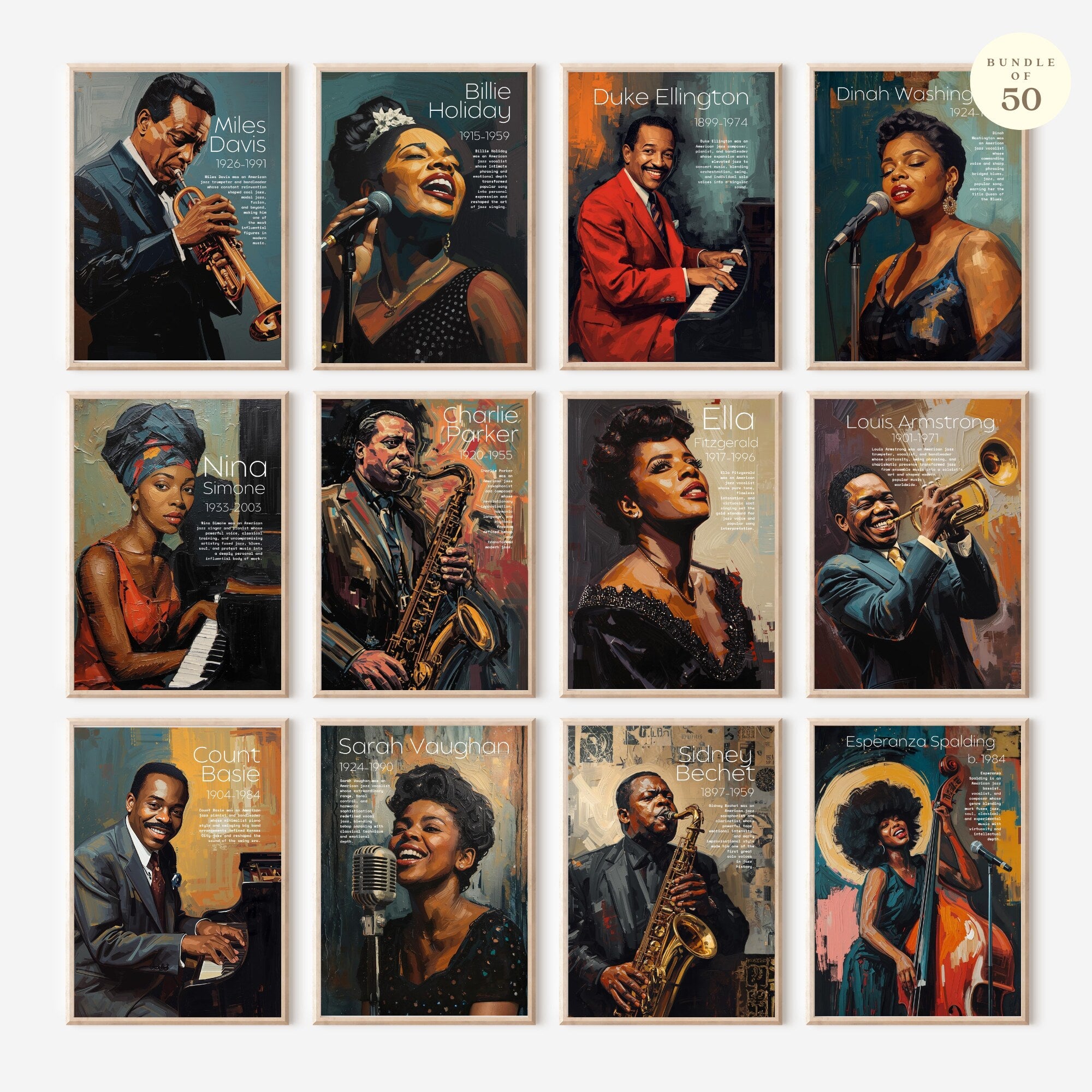 Printable jazz artists poster set of 50 for music classroom decor, music rooms, studio displays, gallery walls, and educational bulletin boards.
