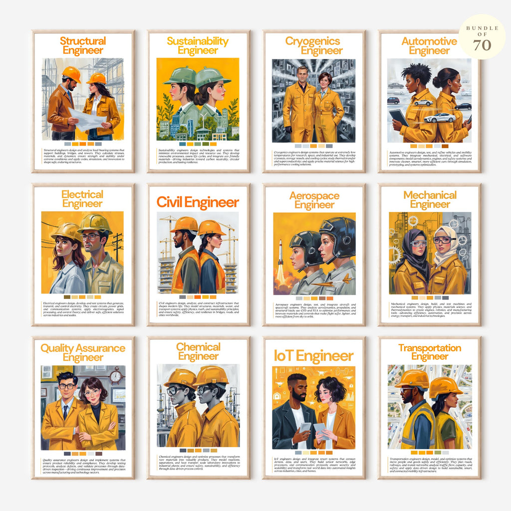Printable engineering careers poster set of 70 for STEM classroom decor, career exploration, bulletin boards, homeschool spaces, and displays.