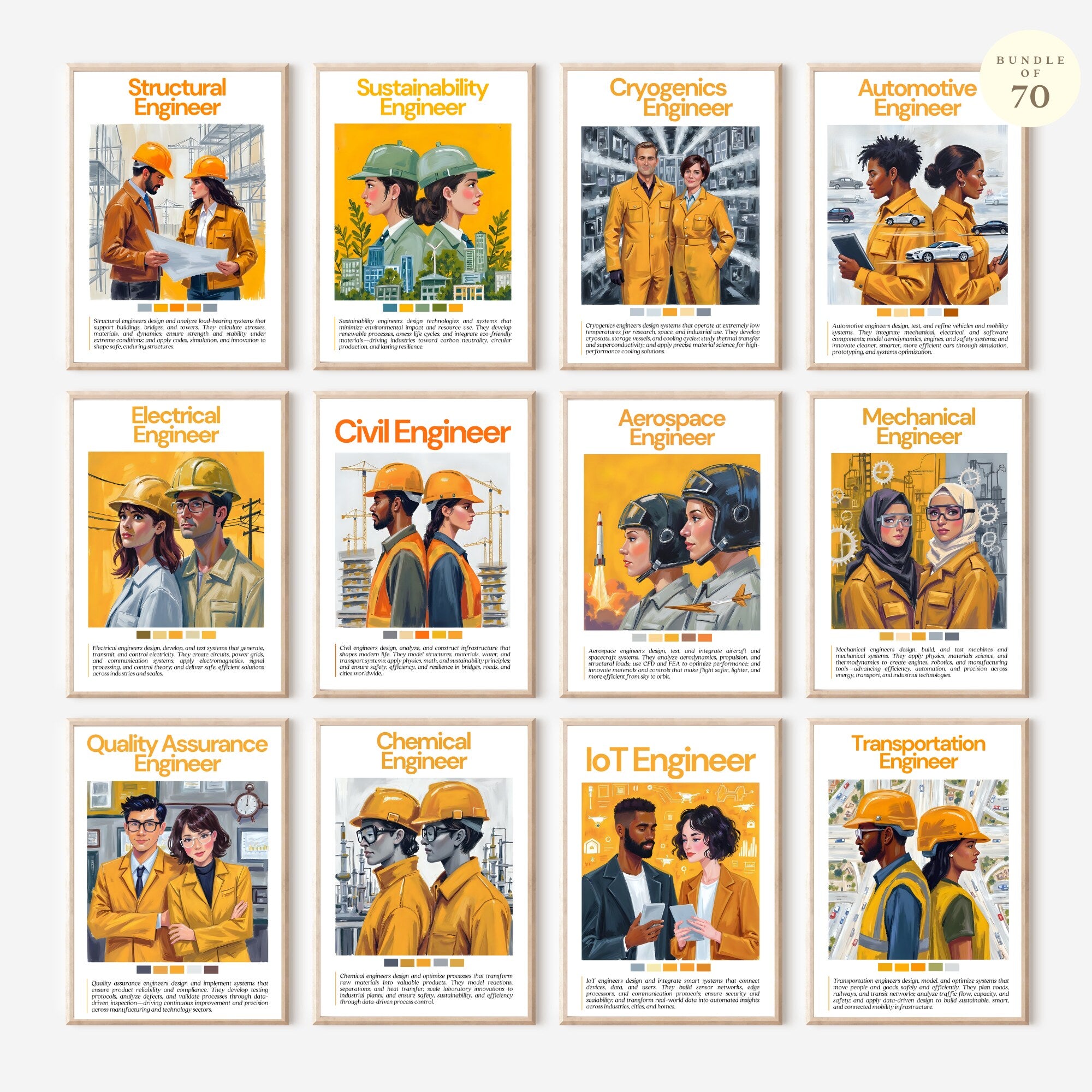 Printable engineering careers poster set of 70 for STEM classroom decor, career exploration, bulletin boards, homeschool spaces, and displays.