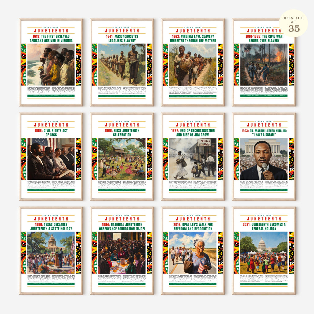Printable Juneteenth poster set of 35 featuring history, timeline, freedom art, June bulletin board decor, and classroom display pieces.
