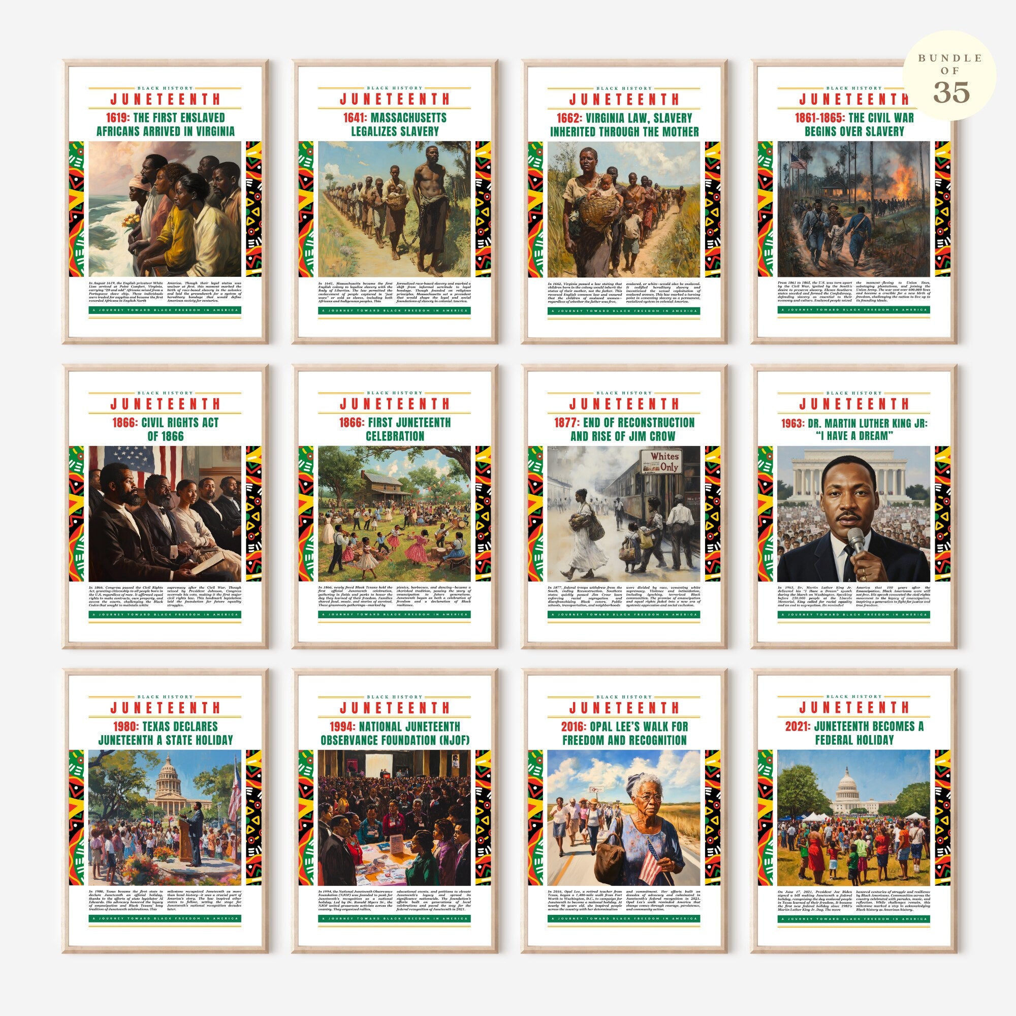 Printable Juneteenth poster set of 35 featuring history, timeline, freedom art, June bulletin board decor, and classroom display pieces.