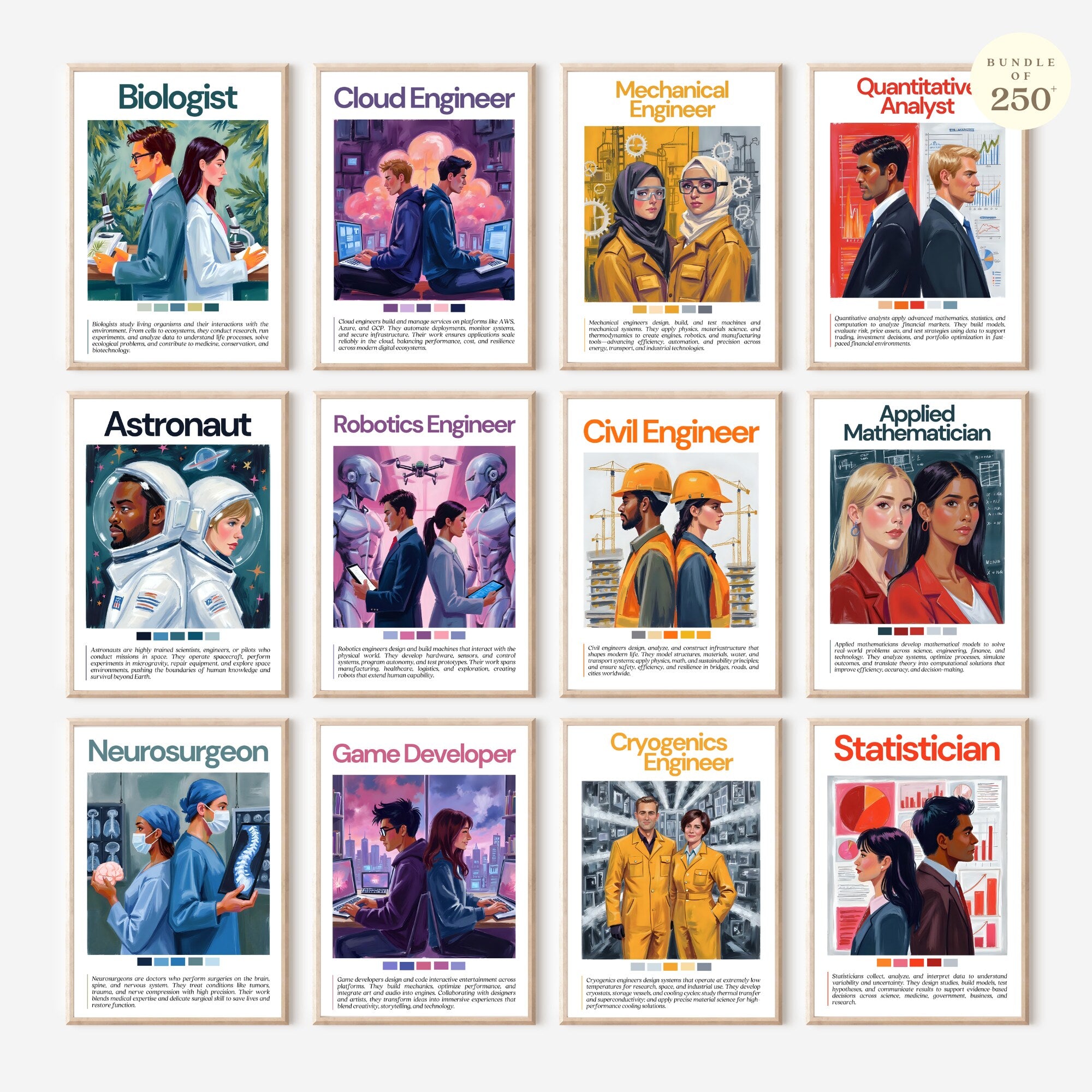 Printable STEM careers mega bundle with 250+ posters for science, technology, engineering, and math classroom decor, bulletin boards, and career exploration.