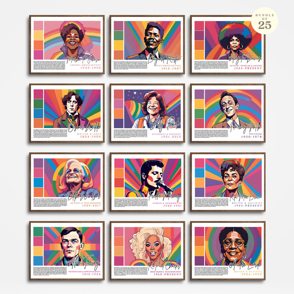 Printable Pride Month landscape poster set of 25 featuring LGBTQIA+ icons, LGBT History Month, SOGIE displays, and inclusive classroom decor.