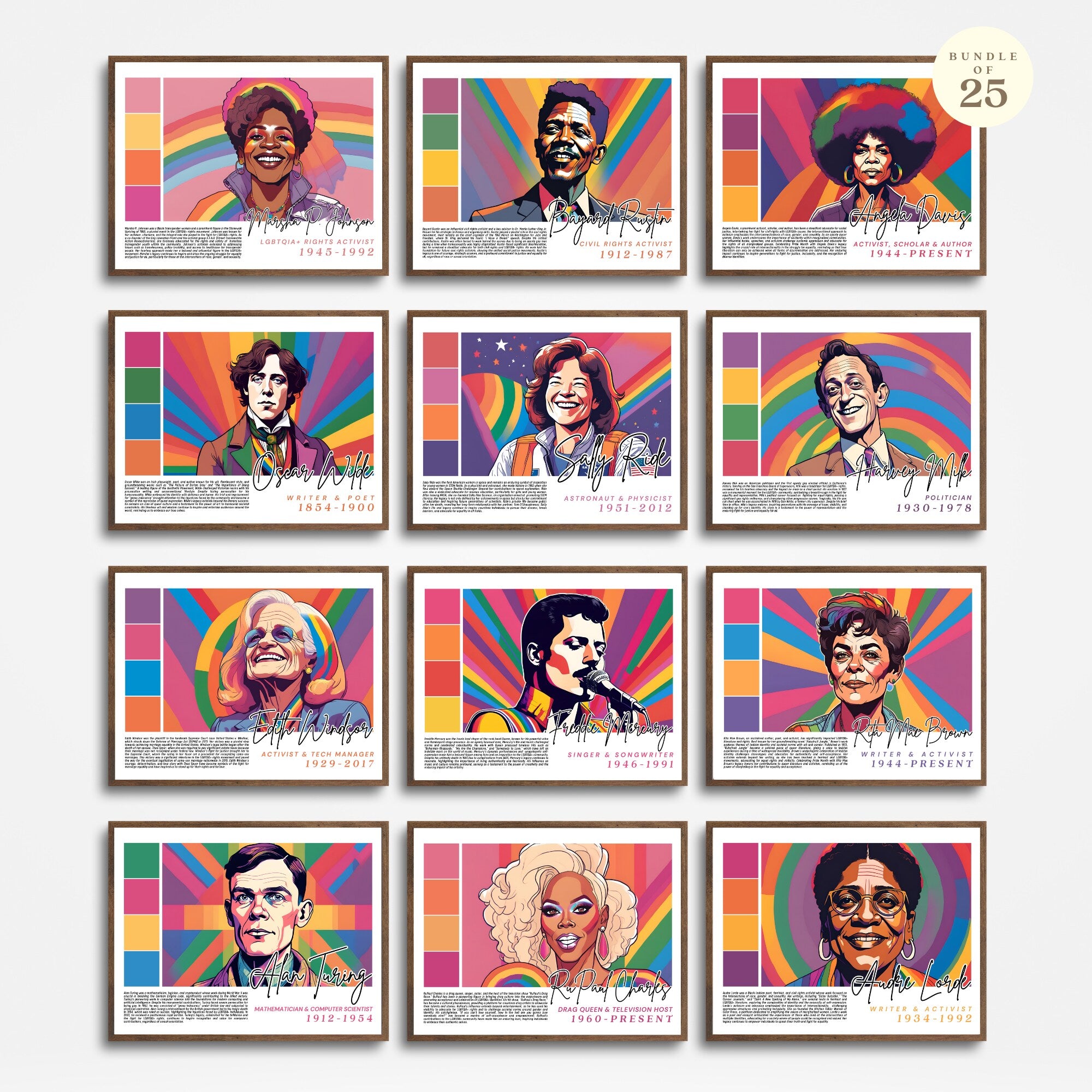 Printable Pride Month landscape poster set of 25 featuring LGBTQIA+ icons, LGBT History Month, SOGIE displays, and inclusive classroom decor.
