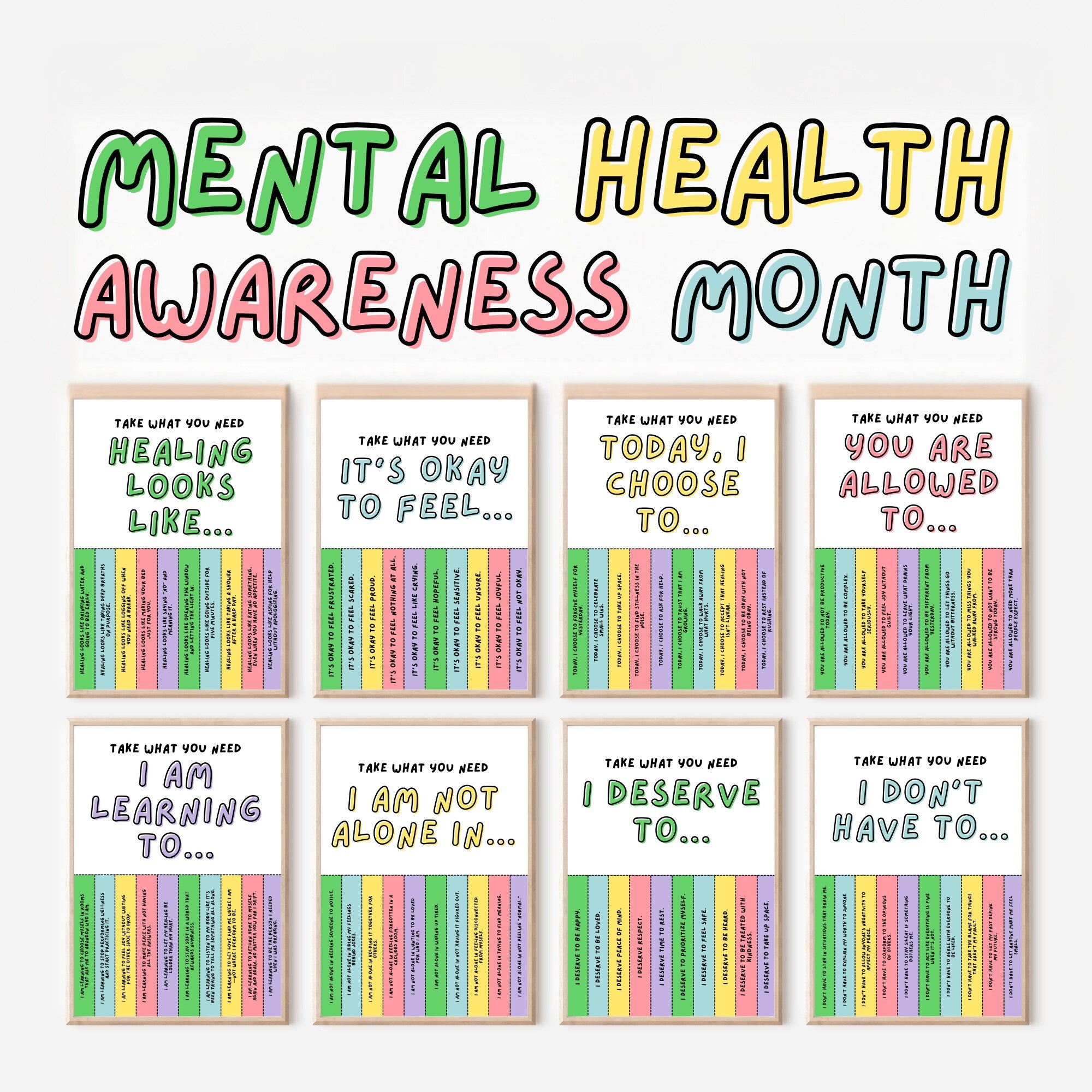 Printable Mental Health Awareness Month poster set of 50 with takeaway quotes for classroom, office, wellness bulletin boards, and decor.