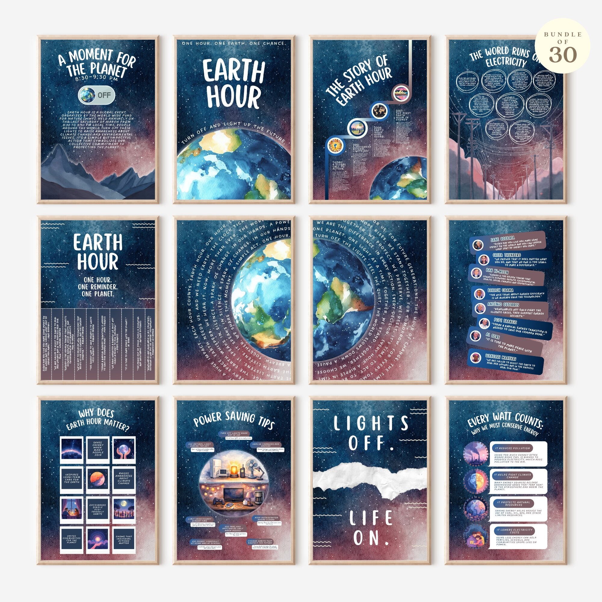 Printable Earth Hour poster set of 30 for climate change awareness, March bulletin boards, classroom decor, sustainability lessons, and displays.