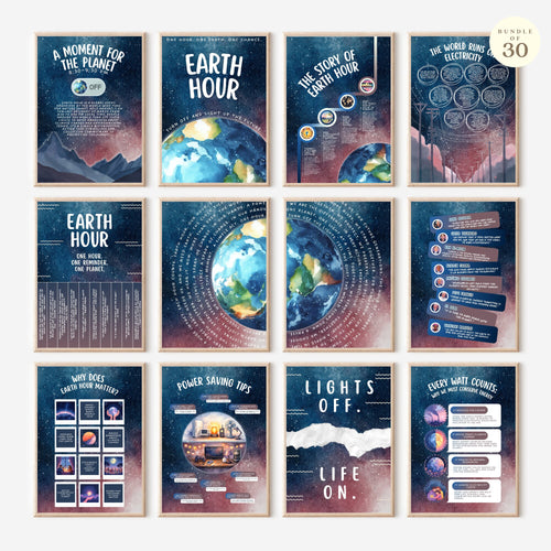 Printable Earth Hour poster set of 30 for climate change awareness, March bulletin boards, classroom decor, sustainability lessons, and displays.