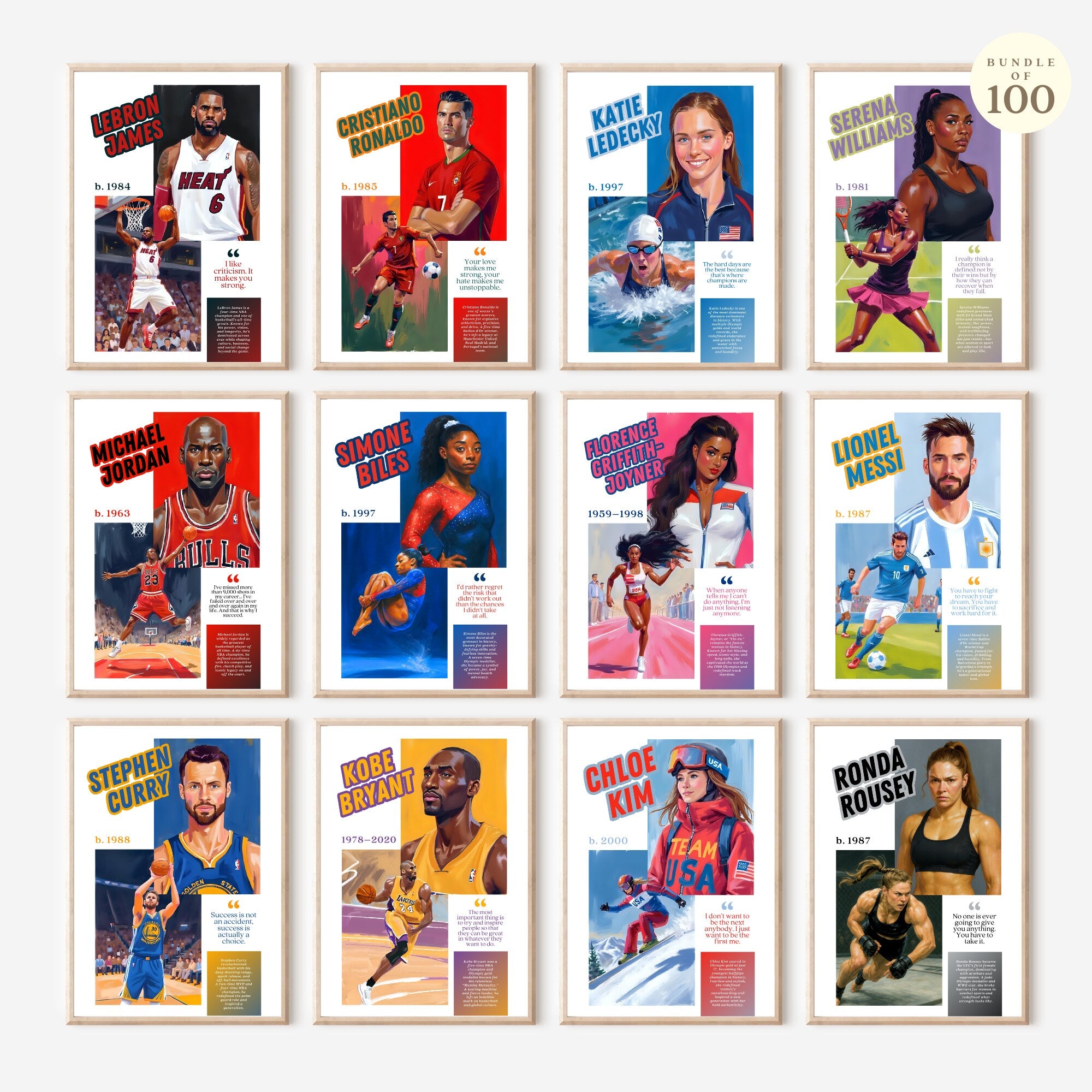Printable famous athletes poster set of 100 featuring sports mindset quotes for PE classroom decor, gym walls, bulletin boards, and displays.