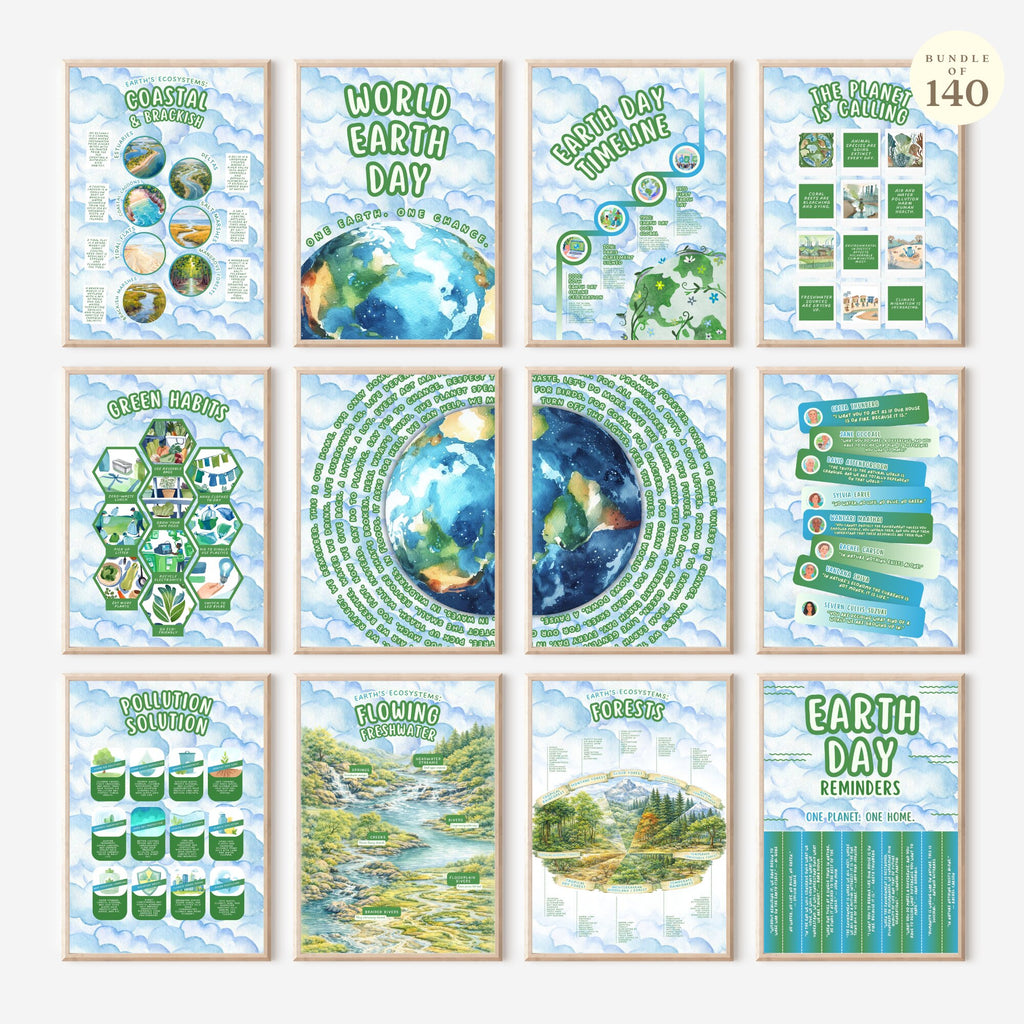 Printable Earth Day poster set of 140 for climate change awareness, world environment lessons, classroom decor, bulletin boards, and displays.