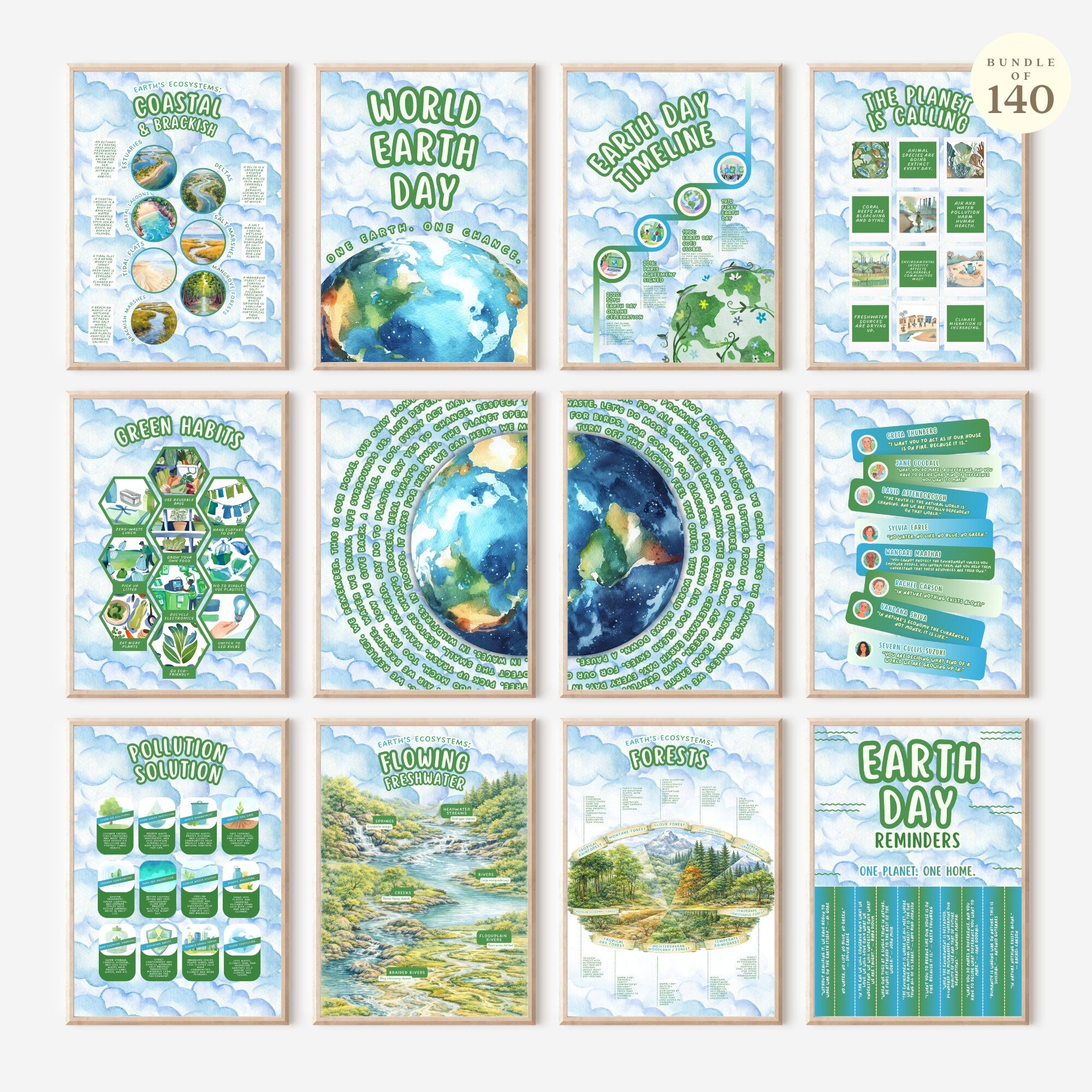 Printable Earth Day poster set of 140 for climate change awareness, world environment lessons, classroom decor, bulletin boards, and displays.