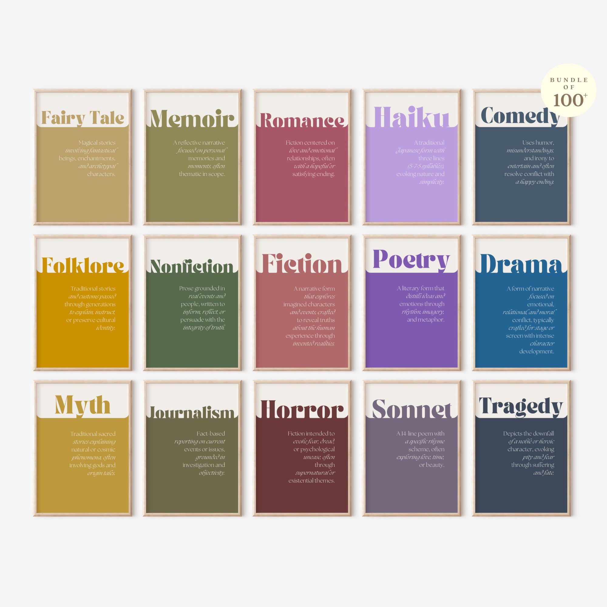 Printable literary genres poster set of 100+ for English classroom decor, ELA bulletin boards, fiction, nonfiction, poetry, drama, and folklore lessons.