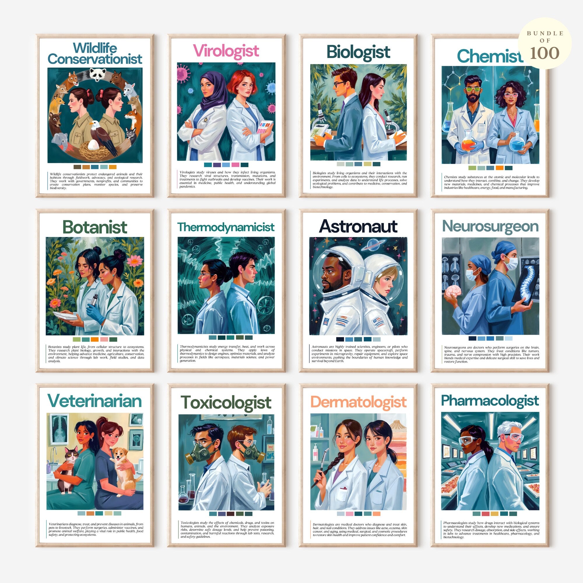 Printable science careers poster set of 100 for STEM classroom decor, career exploration, bulletin boards, homeschool spaces, and wall displays.