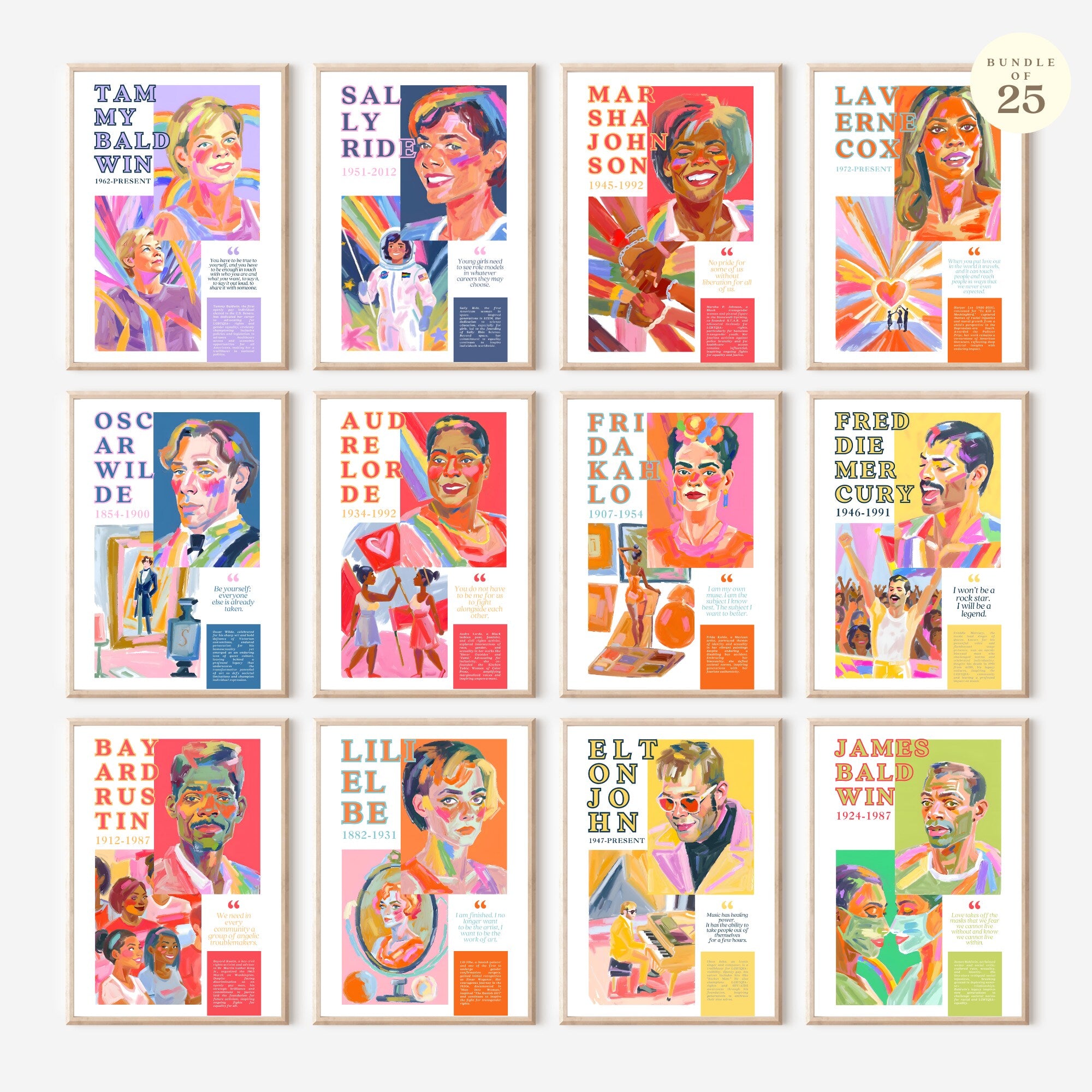 Printable Pride Month poster set of 25 featuring LGBT icons, LGBTQIA+ history, queer quotes, SOGIE displays, and rainbow minimalist decor.