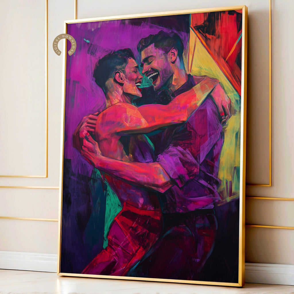 Printable gay couple wall art in a queer eclectic neon style for Pride Month decor, LGBTQIA+ spaces, gallery walls, and inclusive home decor.
