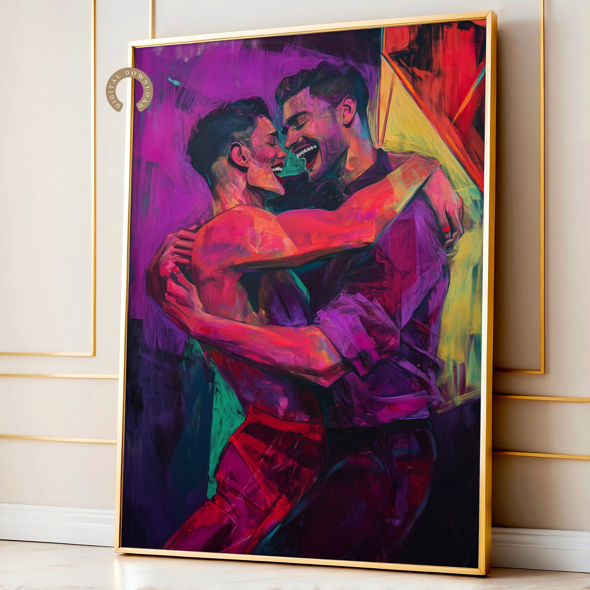 Printable gay couple wall art in a queer eclectic neon style for Pride Month decor, LGBTQIA+ spaces, gallery walls, and inclusive home decor.