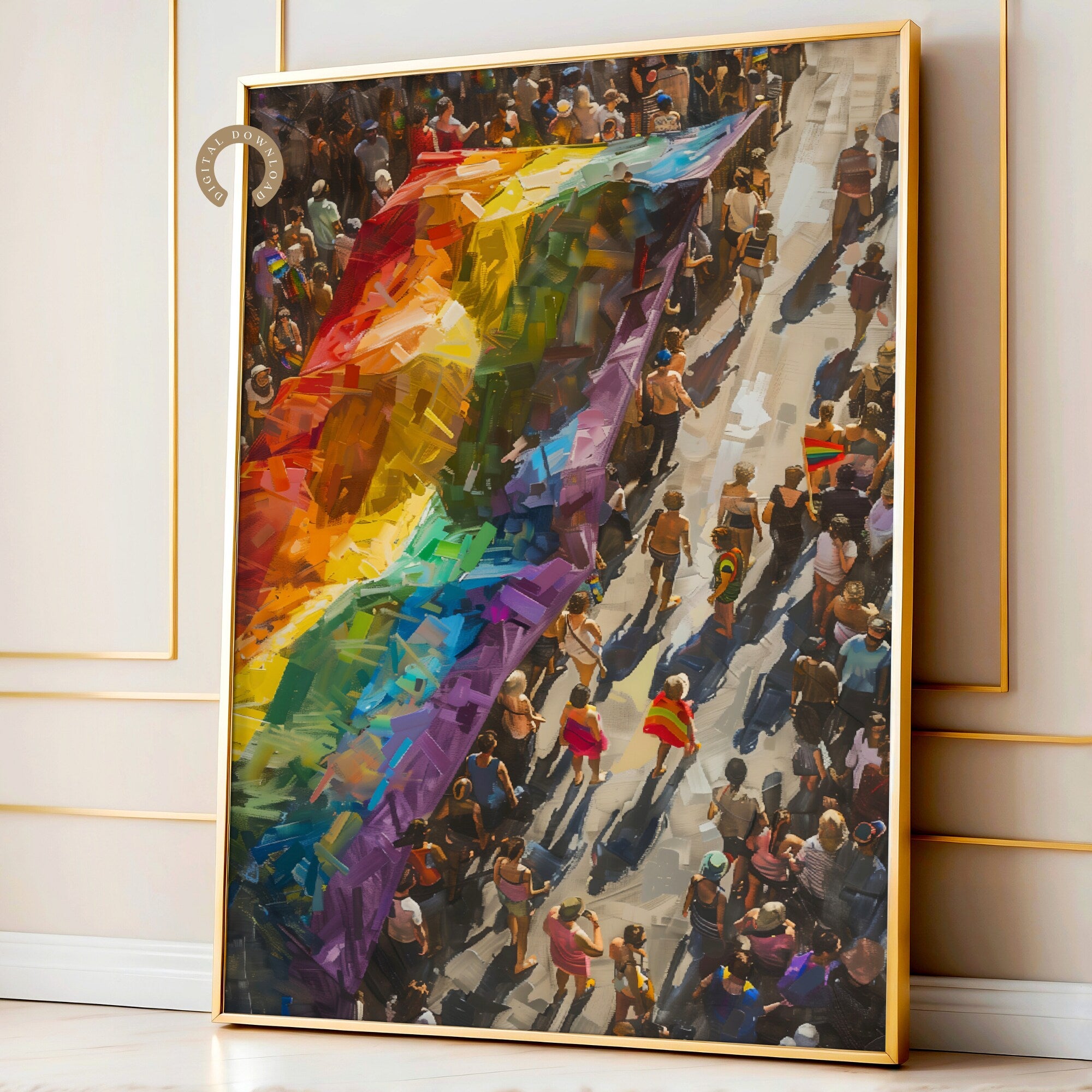 Printable Pride March wall art for Pride Month displays, LGBTQIA+ visibility, inclusive classroom decor, SOGIE bulletin boards, and equality spaces.