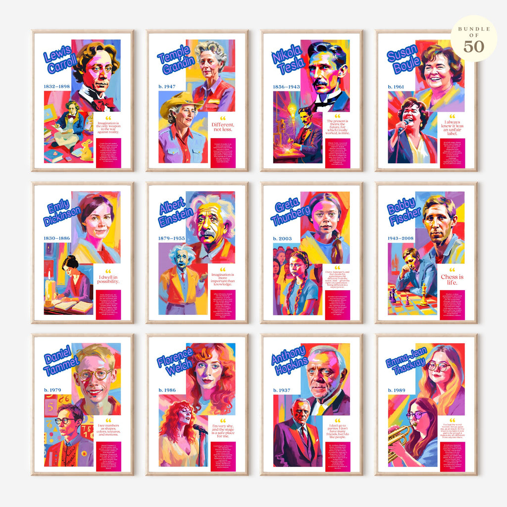 Printable neurodiverse icons poster set of 50 for Autism Acceptance Month, neurodiversity classroom decor, bulletin boards, and inclusive educational displays.