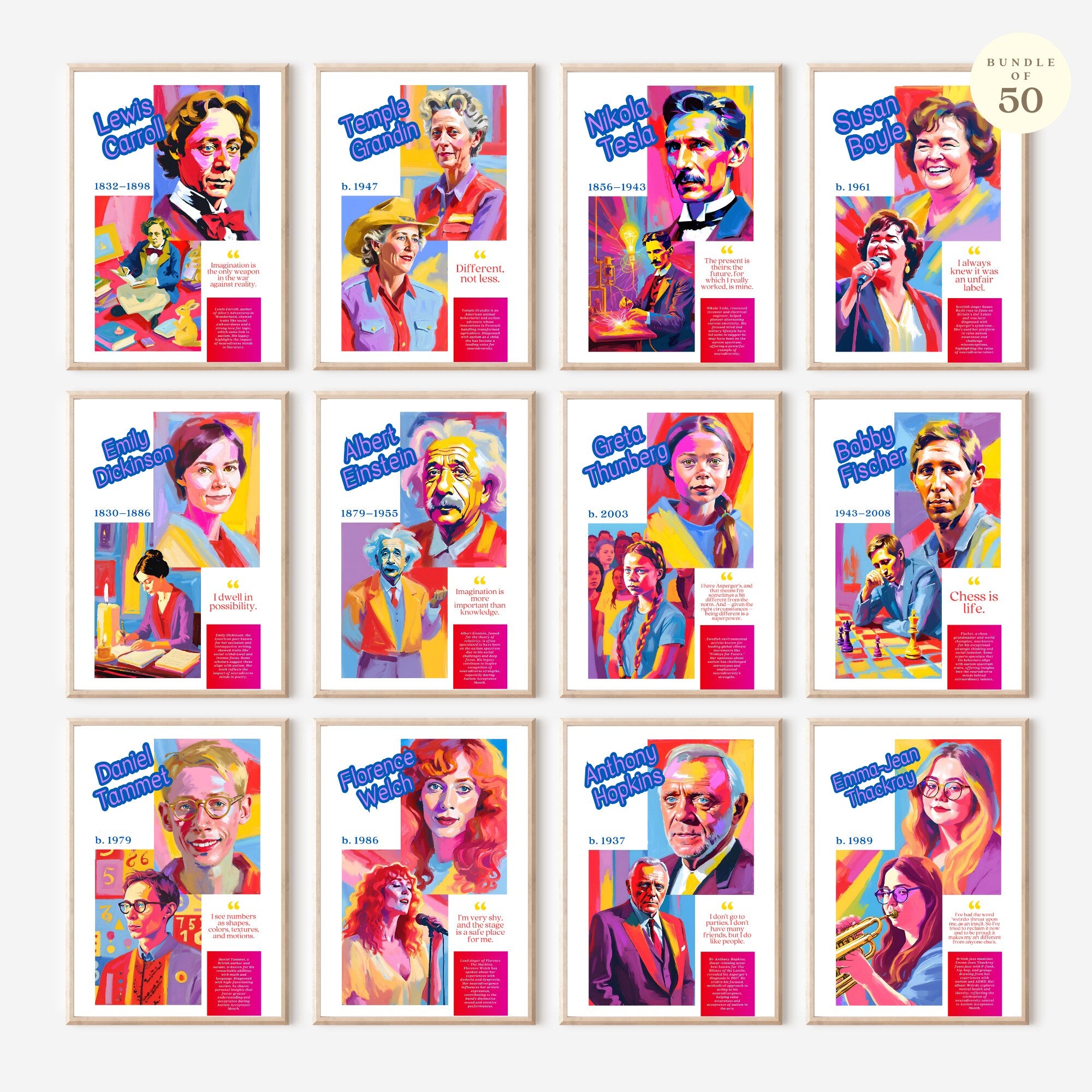 Printable neurodiverse icons poster set of 50 for Autism Acceptance Month, neurodiversity classroom decor, bulletin boards, and inclusive educational displays.
